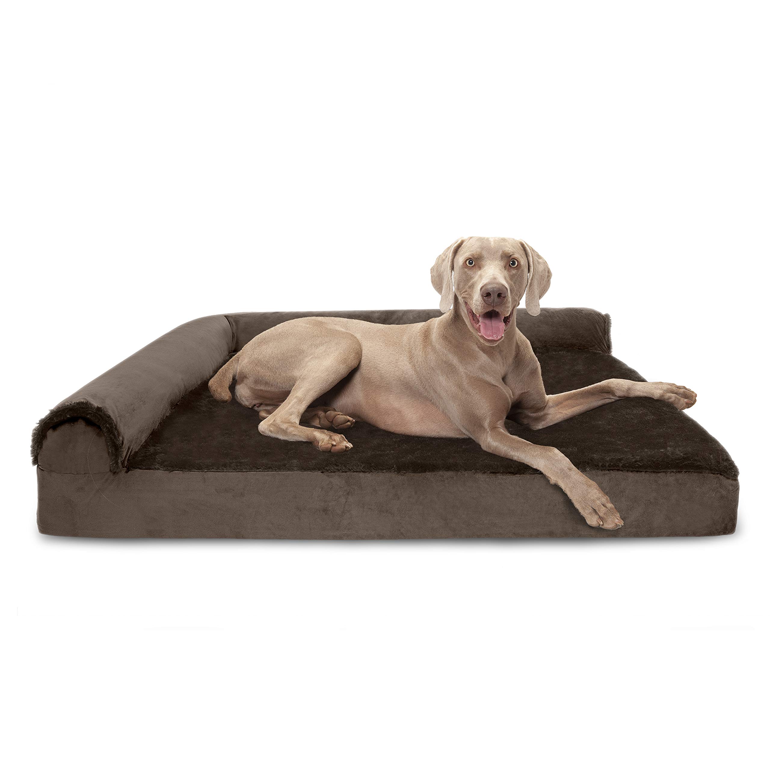 Furhaven XXL Memory Foam Dog Bed Plush & Velvet L Shaped Chaise w/ Removable Washable Cover - Sable Brown, Jumbo Plus (XX-Large)