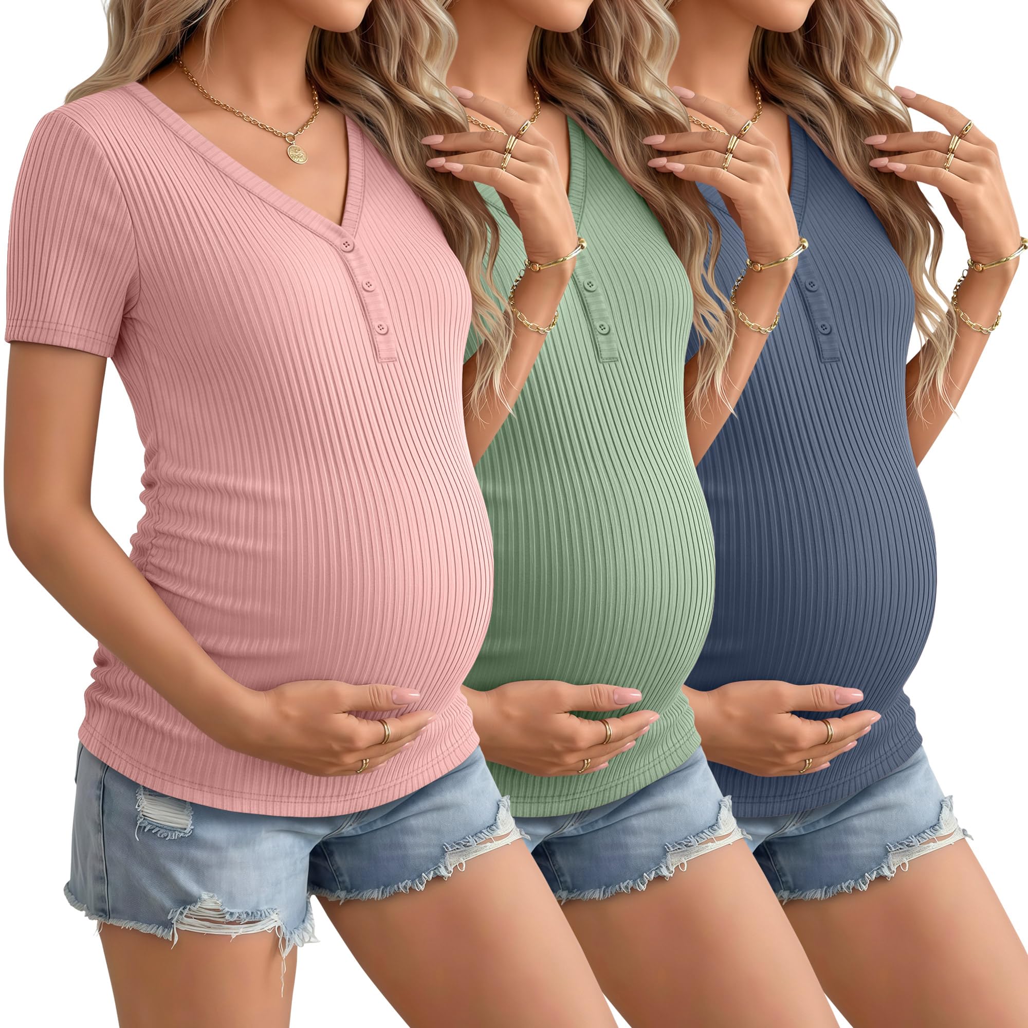 3 Pack Womens Maternity Shirts Short Sleeve Cotton Ribbed V Neck Pregnancy Clothes Henley Side Ruched Casual Tees