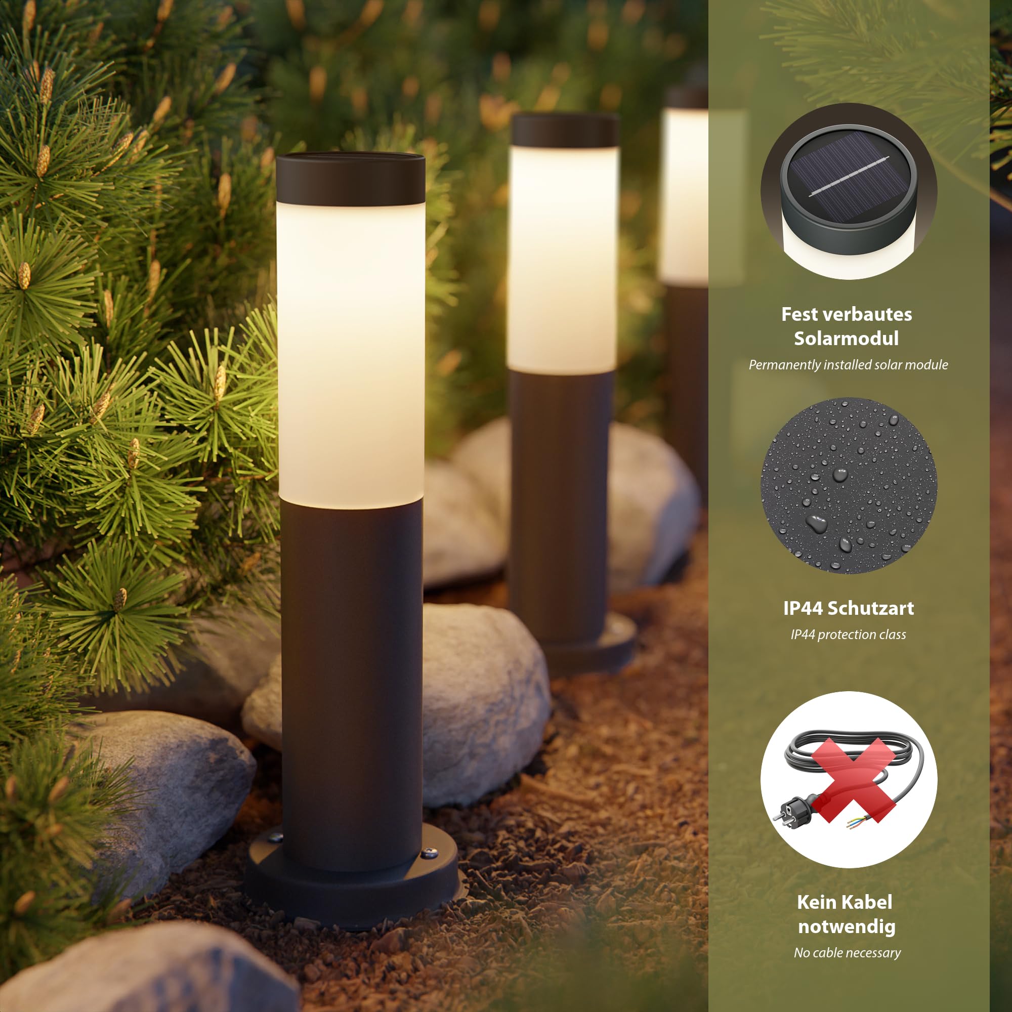 ledscom.de 4x LED Pollerleuchte/Wegeleuchte PORU mit Solar, anthrazit, warmweiß, IP44
