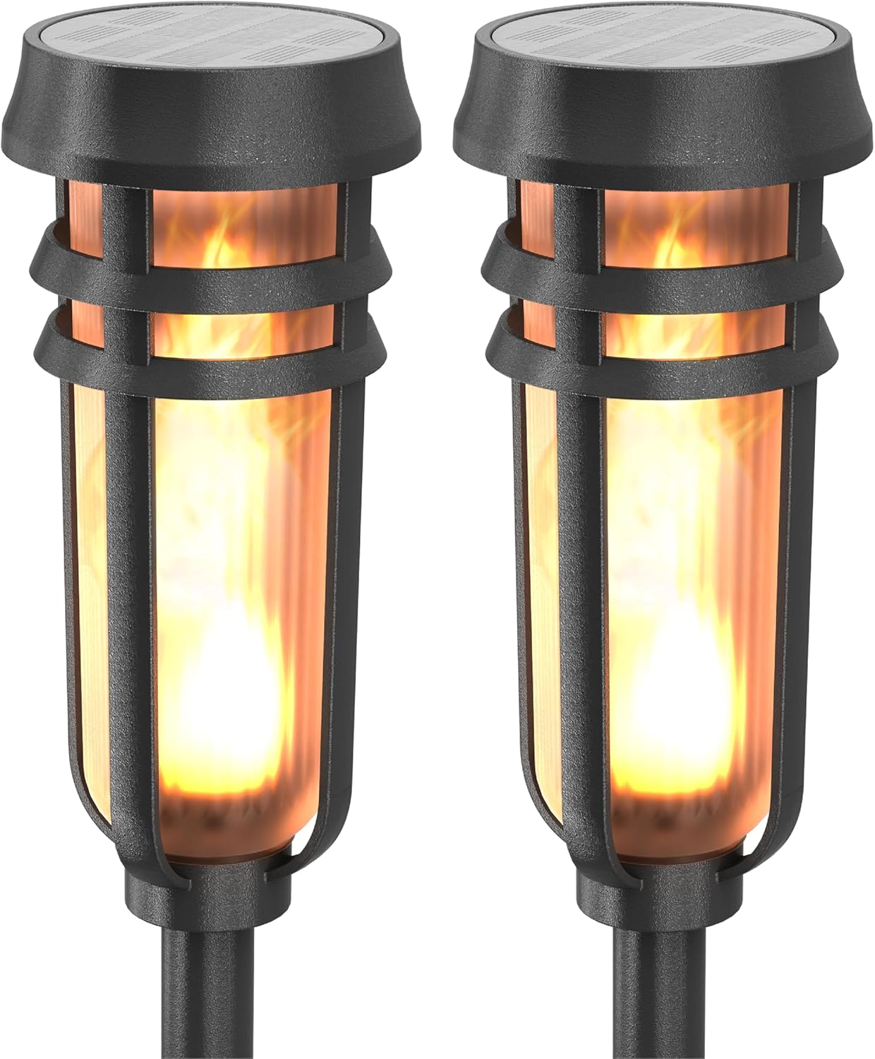 Metal Solar Torch Lights - Adjustable Height (24" - 50"), Outdoor Garden Decor with Patented LED, Waterproof Solar Tiki Torches for Yard, Patio, Garden Pathway, Matte Black – 4 Pack