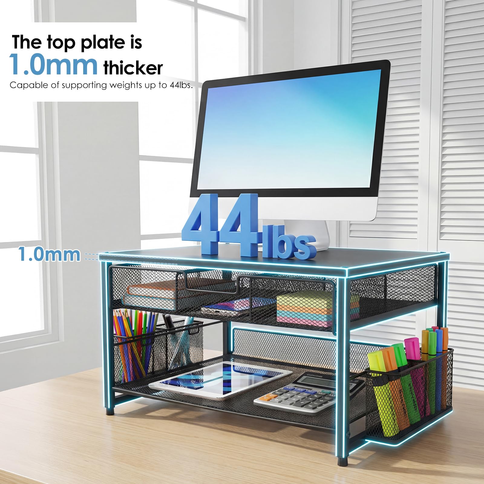 Supporto per monitor, organizer da scrivania in metallo con cassetto e 2 portapenne, rialzo ergonomico per monitor per stampante, laptop e ufficio, espositore a 2 livelli (nero)