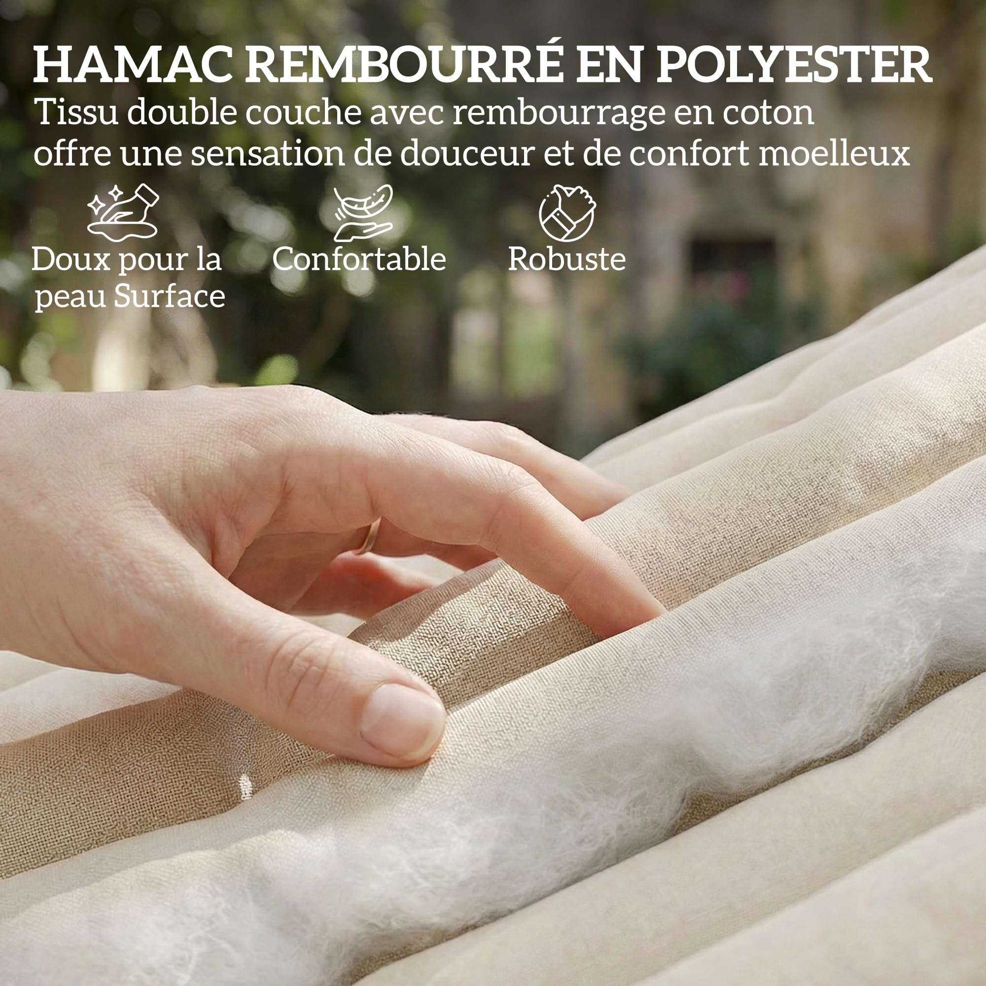 Outsunny Hamac Suspendu 325 cm, hamac avec Oreiller Extra-Long, Tissu matelassé, Poche pour Magazines, Barres Anti-basculement en hêtre courbées en Forme de V, intérieur et extérieur, crème - 3