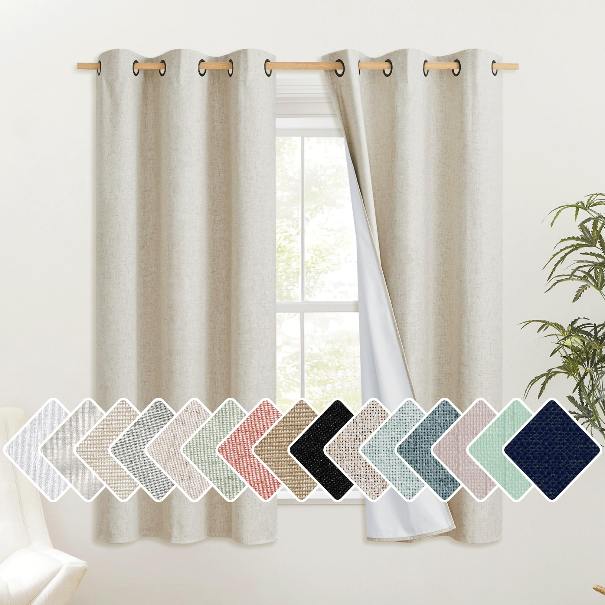 NICETOWN Natural Thick Linen Blend 100% Blackout Curtains with White Liners, Rustic Grommet Thermal Insulated Flax Textured Full Blackout Window Draperies for Bedroom (2 Panels, 42" W by 63" L)