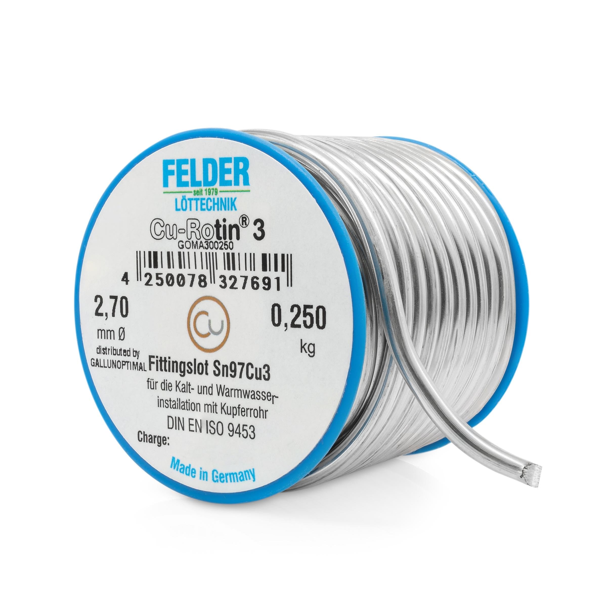 by FELDER Fittingslot Cu-Rotin 3 | Ø 2,7 mm | zum Weichlöten von Kupferrohren in der Trinkwasser- und Heizungsinstallation | Sn97Cu3 | Schmelzbereich 230-250°C | 250 g Spule