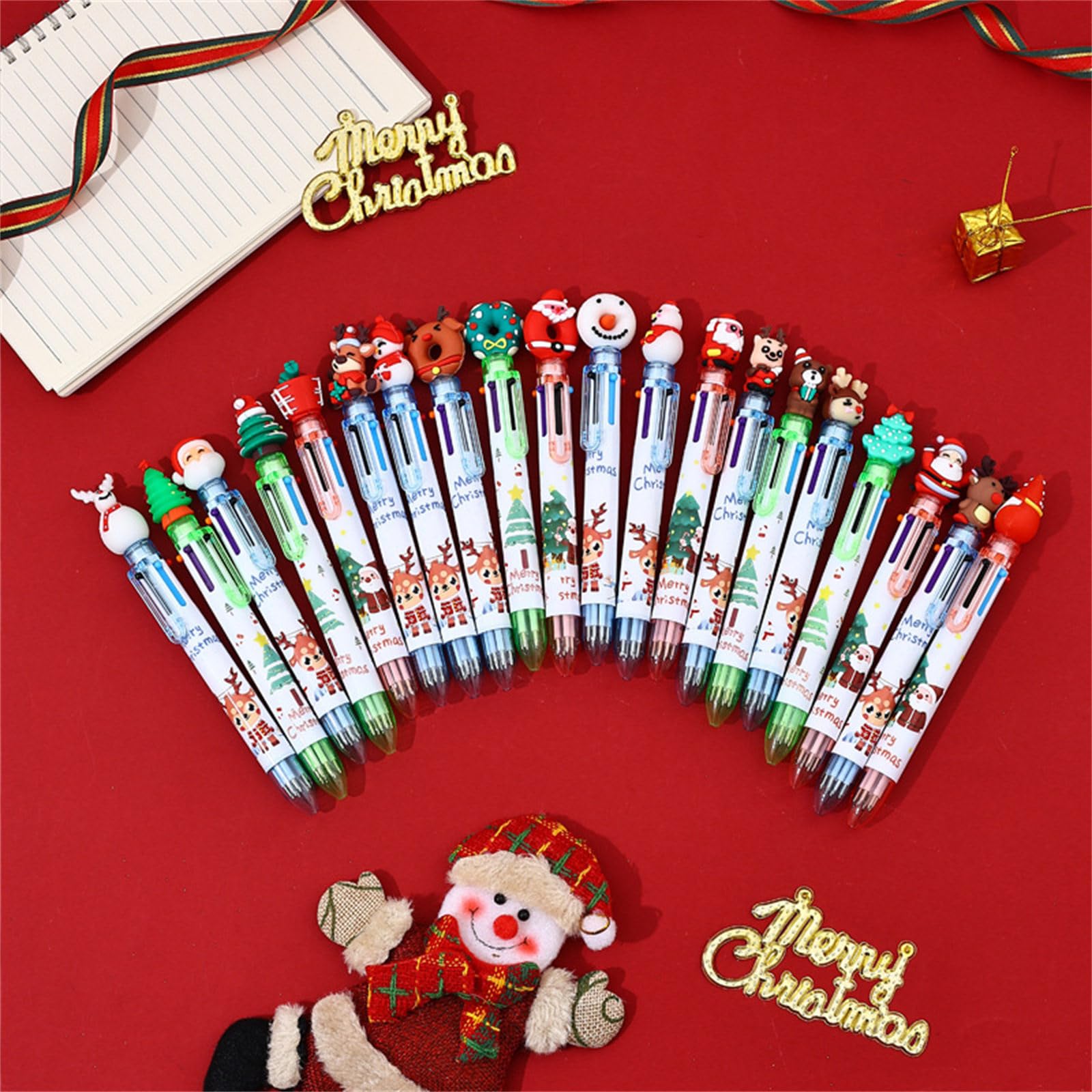 10Pcs Christmas Multicolored Ballpoint Pens 6-in-1 Retractable Ballpoint Pen Snowman Reindeer Christmas Tree Quick Dry Smooth Writing Pen — view 3