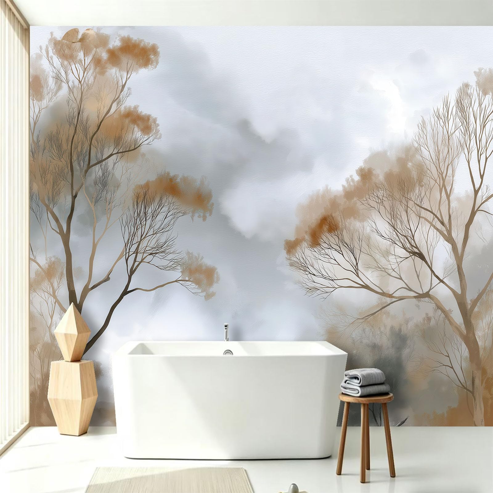 Papel pintado fotográfico con tinta botánica, 300 x 210 cm (ancho x alto), no tejido, impresión artística de alta calidad, póster decorativo, diseño moderno, árboles ahumados