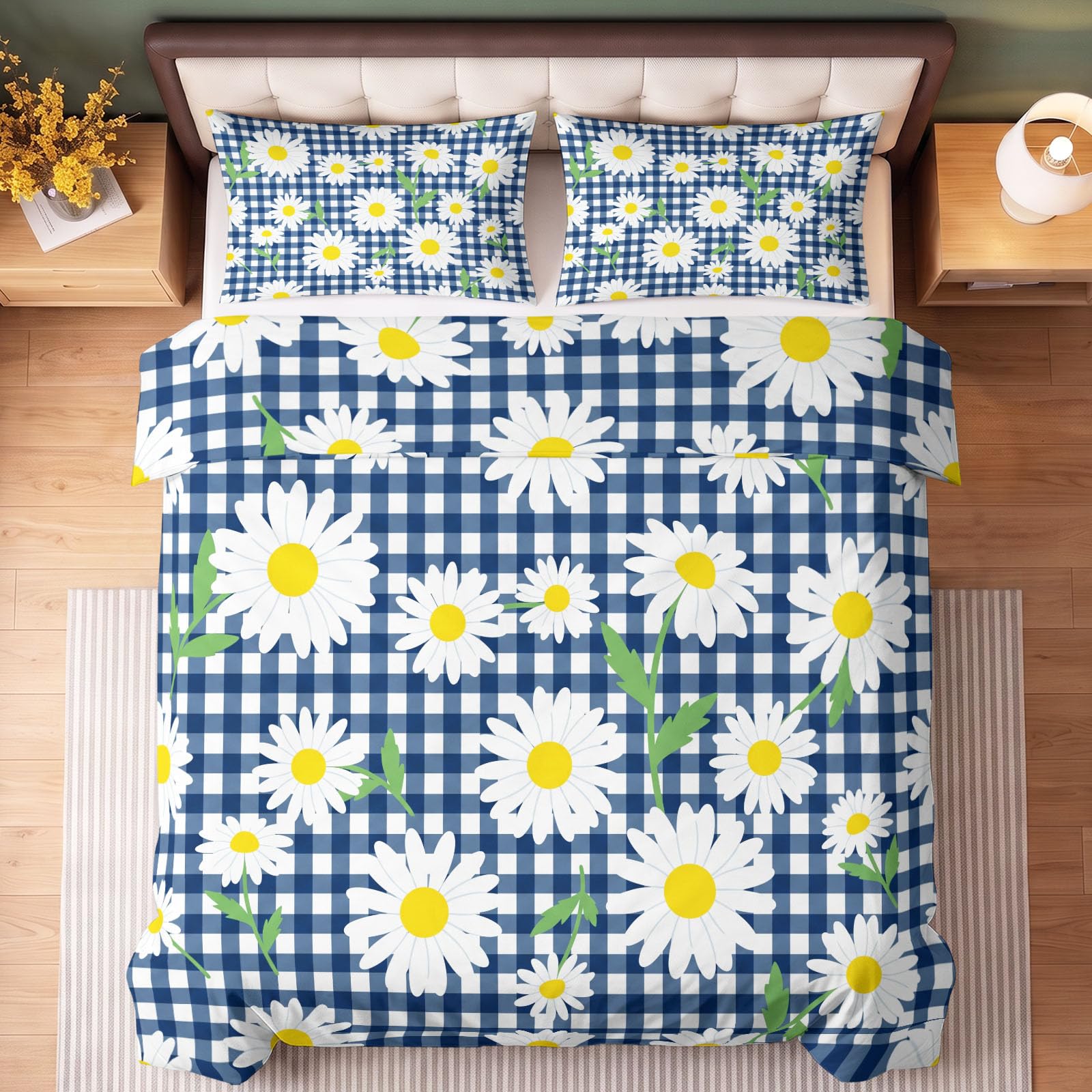 Komplet pościeli ze stokrotkami, karo, mikrofibra 200 x 220 cm, 3-częściowy