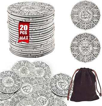 Large Metal Pirate Coins Gold Treasure Coin Set, Metal Replica Spanish Doubloons for Board Games, Tokens,Realistic Money Imitation for Treasure Chest - Size 1.18" Pirate Silver 20 PCS