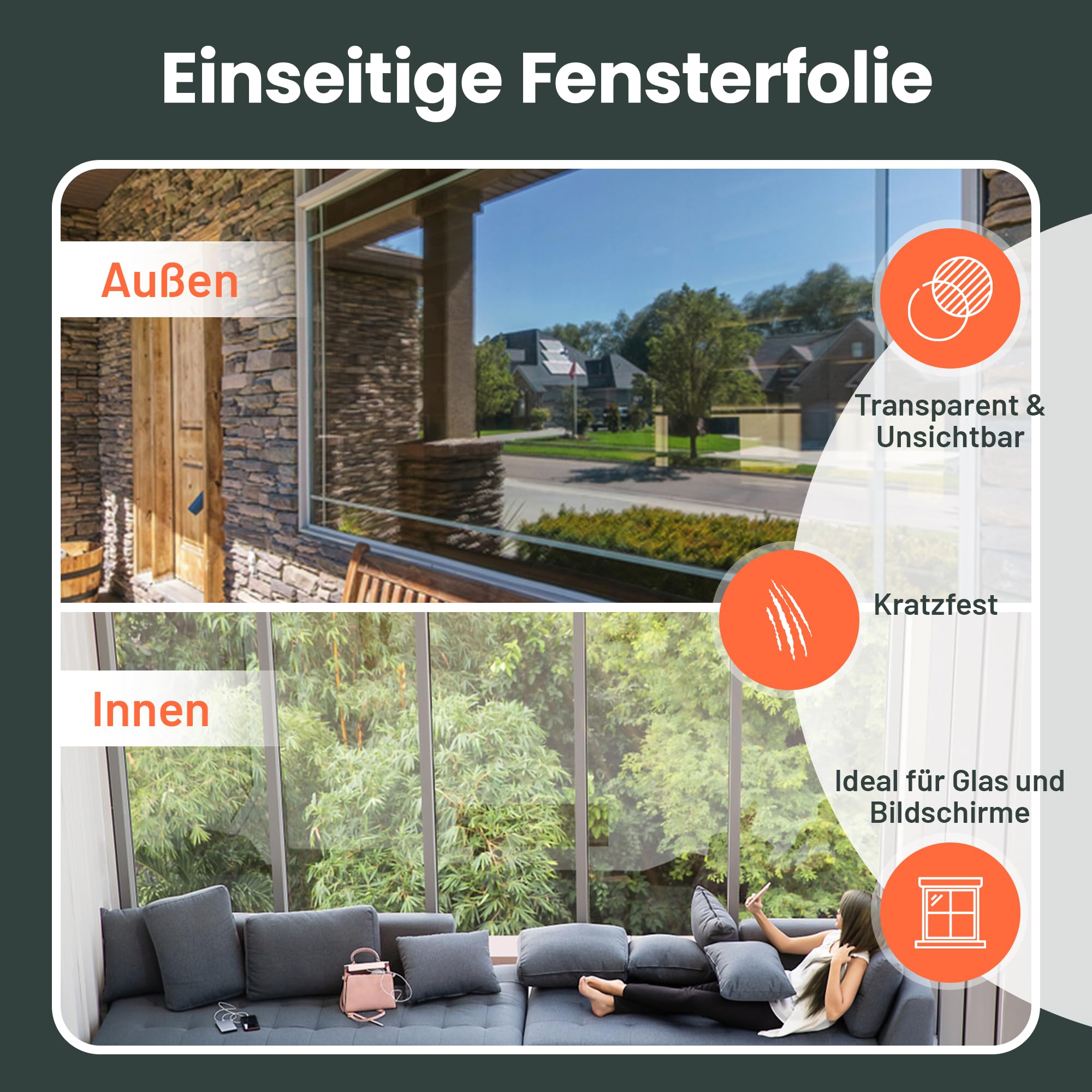 Perfect Cover Spiegelfolie Selbstklebend – Fensterfolie Sichtschutz & Blickdicht von Außen – Spiegel Folie Fenster – Sichtschutzfolie für Wohnzimmer, Büro & Küche – Inkl. Zubehör – 120 x 300cm