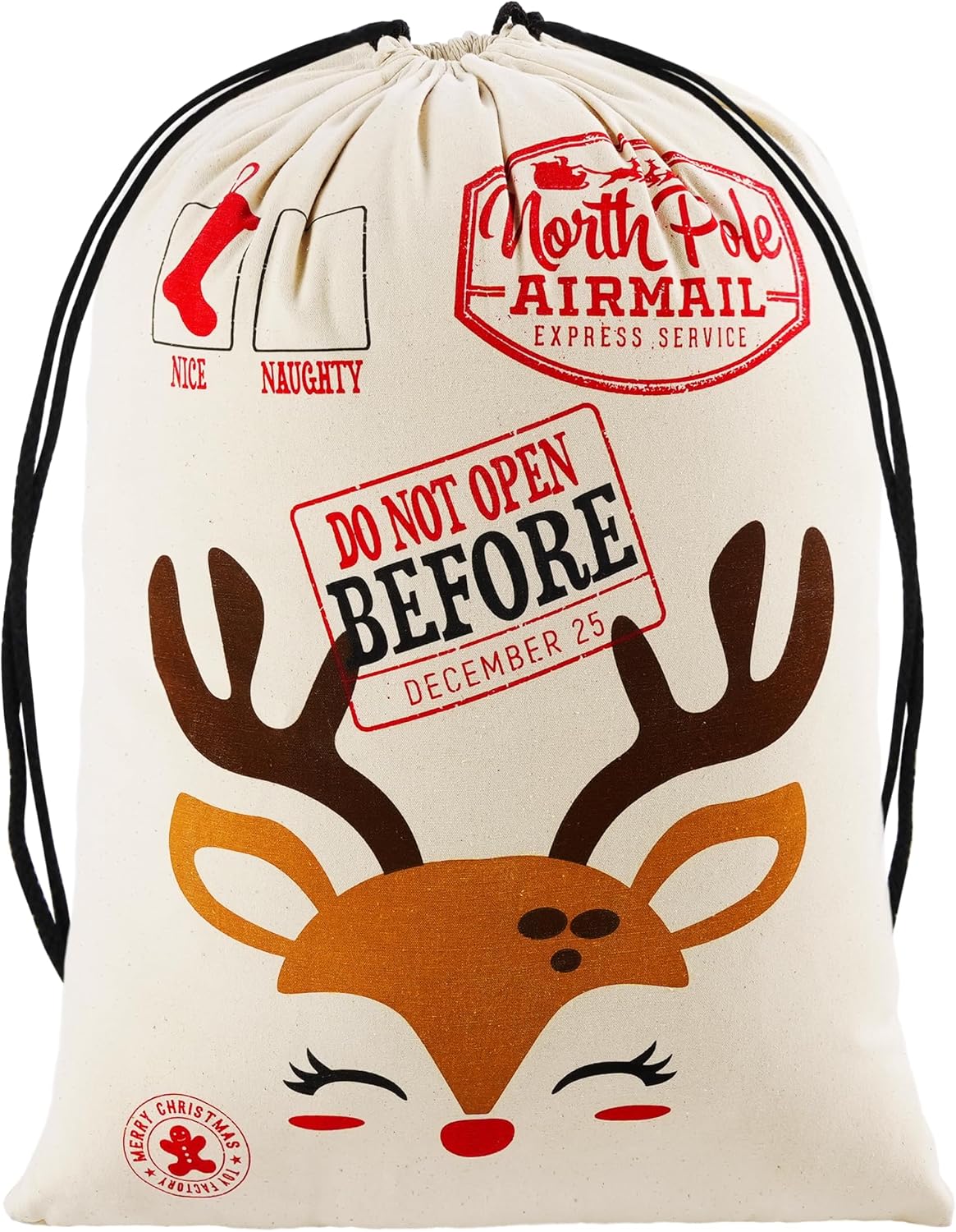 JOYIN Santa Burlap Sack 26" x 19", Christmas Reindeer Large Gift Bag with Drawstring for Presents Package, Xmas Resuable Cloth Pouch, Christmas Party Favors White+Orange