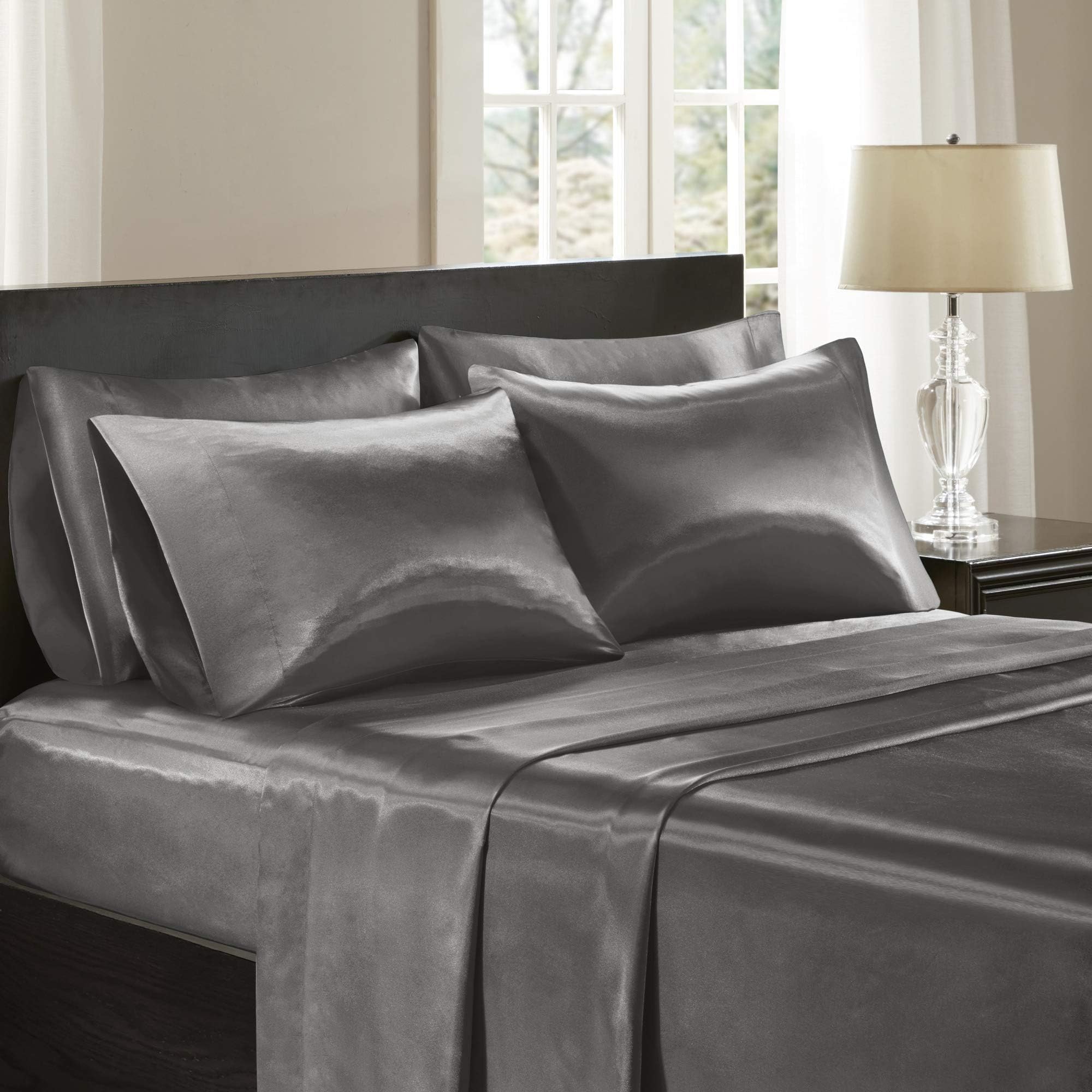 Madison ParkEssentials Satin Sheet Set Luxury and Silky with Natural Sheen, Elastic 14" Pocket fits up to 16" Mattress, All Around Elastic - Year-Round Bedding, Cal King, Grey, 6 Piece