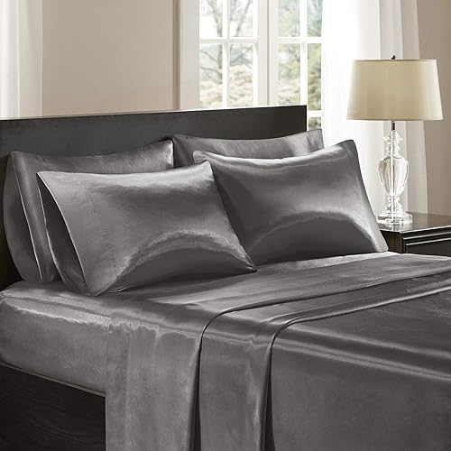 Madison Park Essentials Satin Sheet Set Luxury and Silky with Natural Sheen, Premium 16" Deep Pocket, All Around Elastic - Year-Round Bedding, Queen, Grey, 6 Piece