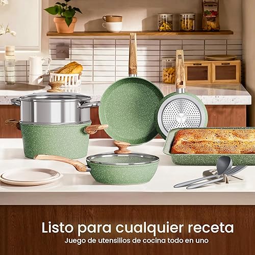 Miniatura 8 de Kitchen Academy Juego de utensilios de cocina de inducción de 17 piezas con plancha, ollas y sartenes de granito verde antiadherentes, juego de