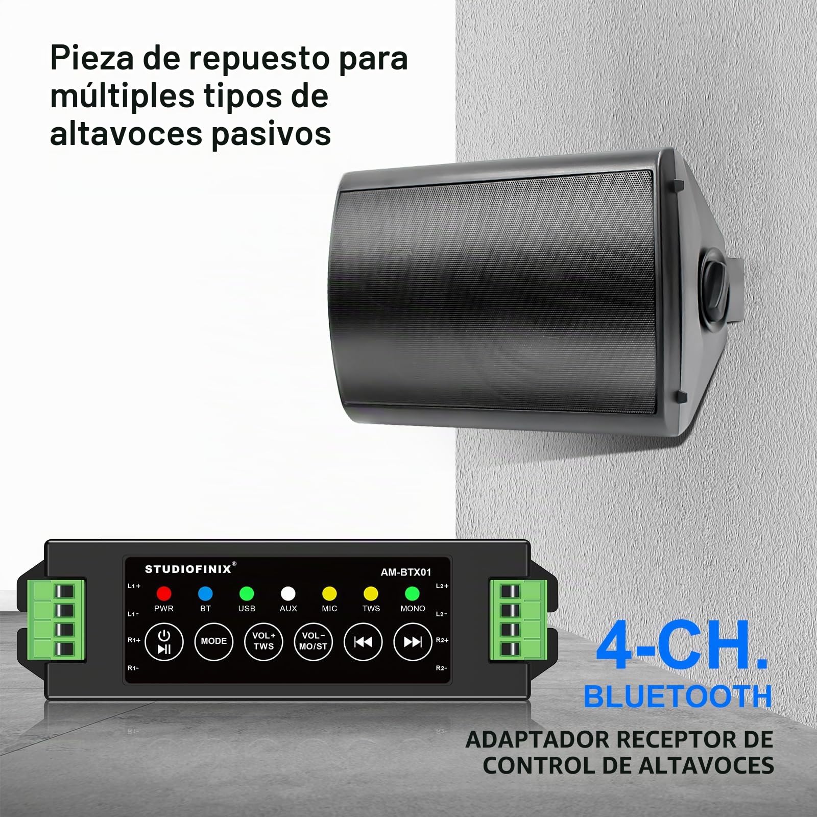 STUODIOFINIX Mini Amplificador Bluetooth de 4 Canales 120w para Altavoces pasivos con TWS, AUX, Mic, USB, Recambio, Apto para Altavoces de Pared/Techo/Marino/estantería