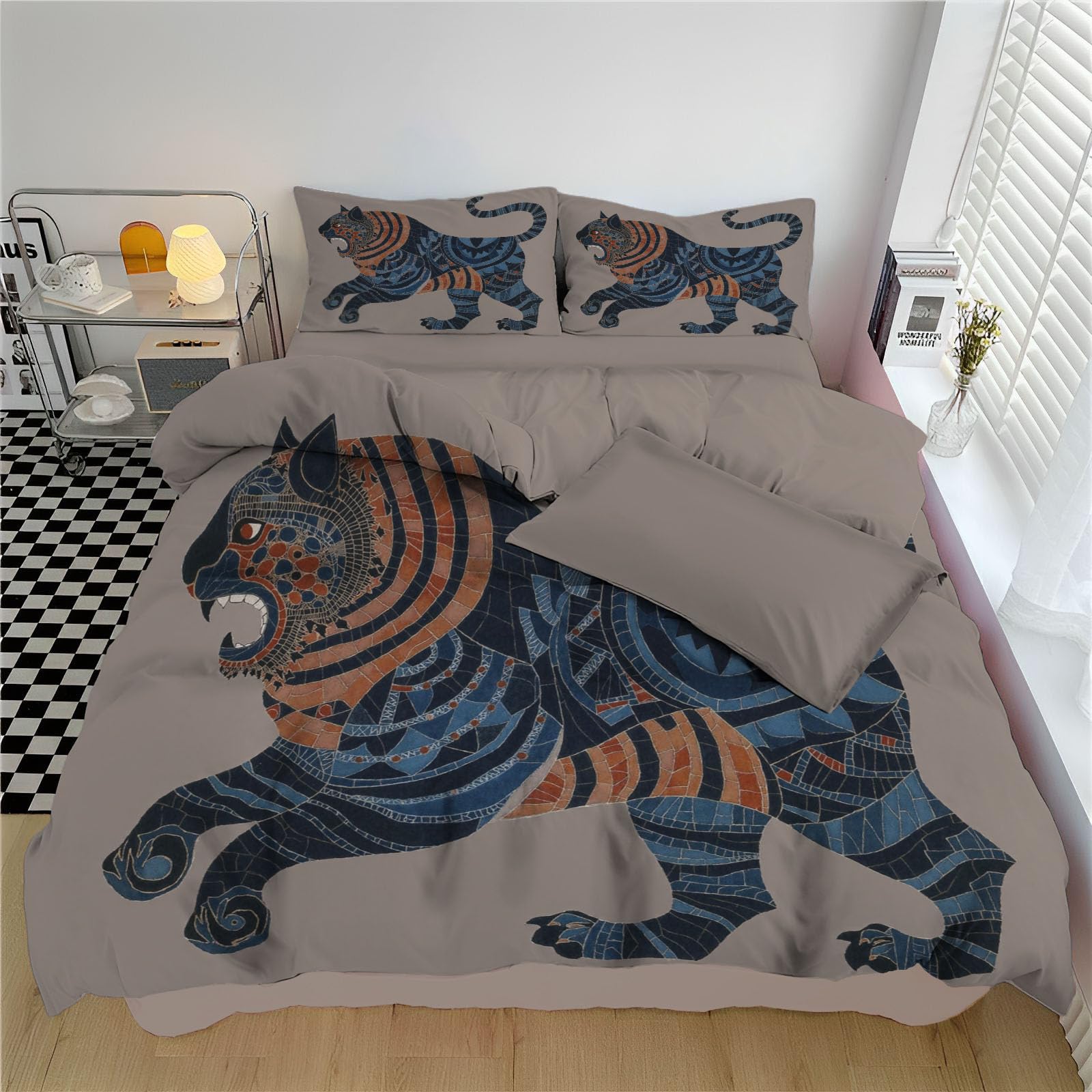 Parure de lit tigre 220x240 avec housse de couette adulte bleue