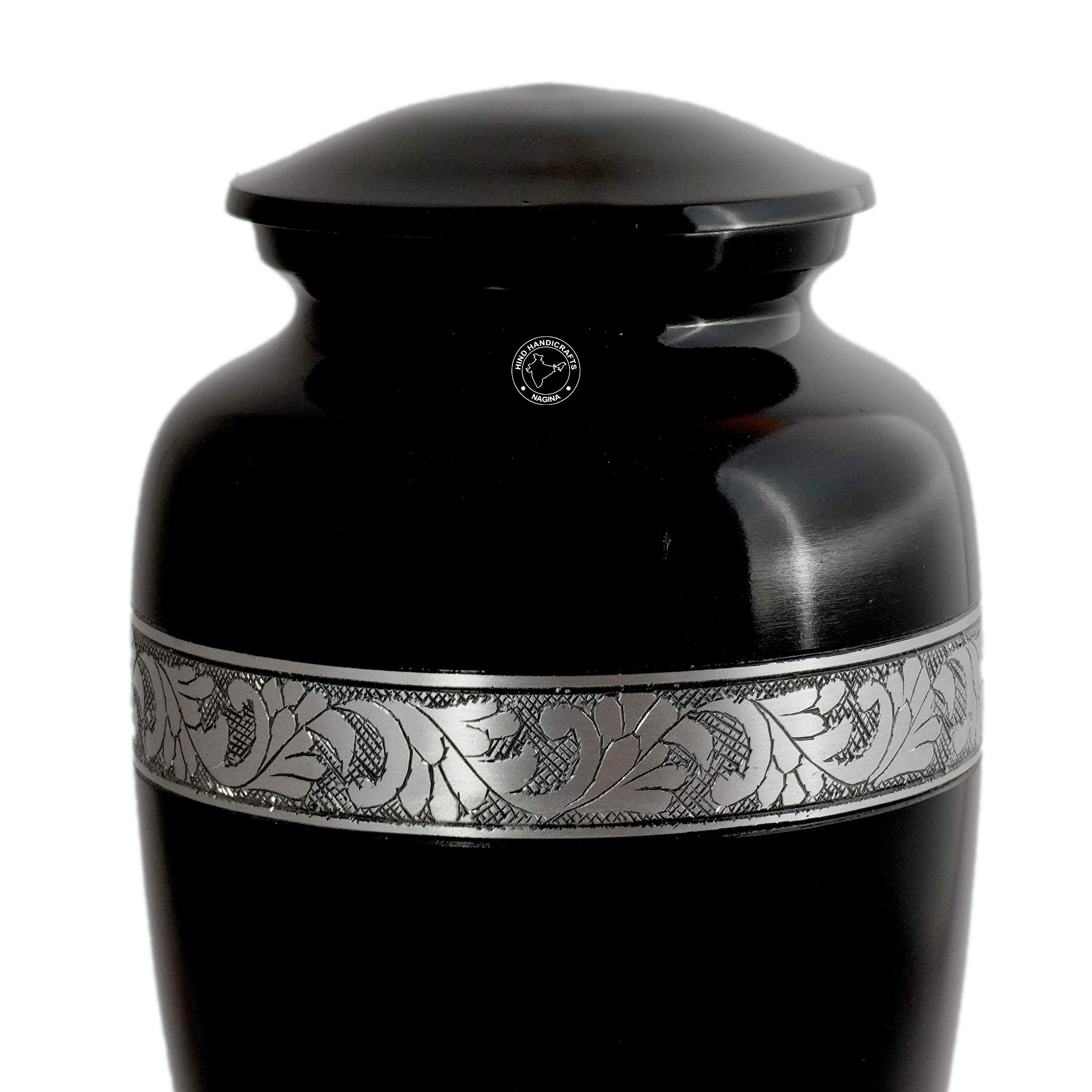 Urna de cremación de aluminio grabada en plata para cenizas humanas para adultos, urna conmemorativa funeraria hecha a mano, bolsa incluida (negro, recuerdo, 70 pulgadas cúbicas)