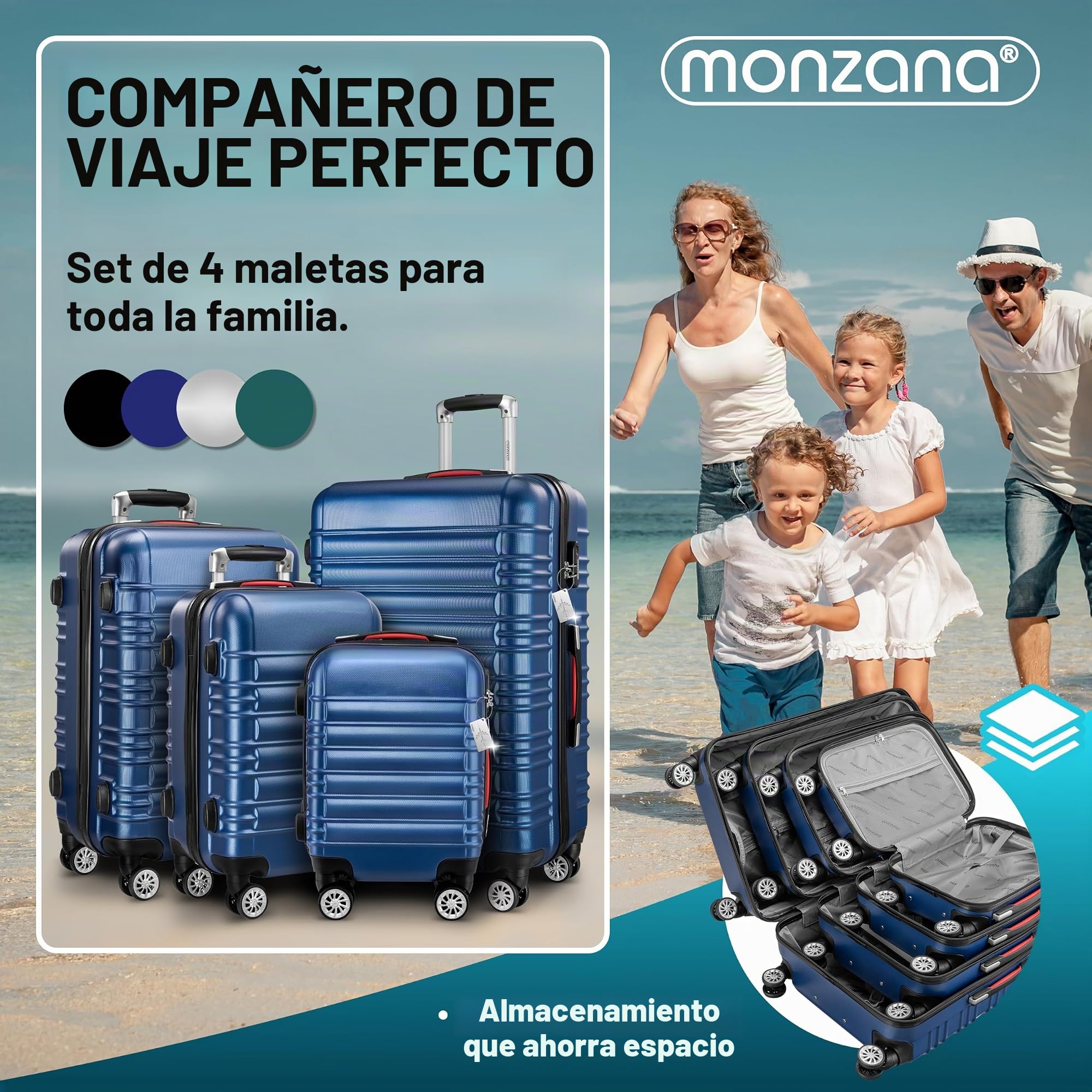 MONZANA® Juego de 4 Maletas Rígidas Equipaje Set Trolley Viaje Incl. Accesorios Maleta S-M-L-XL Azul