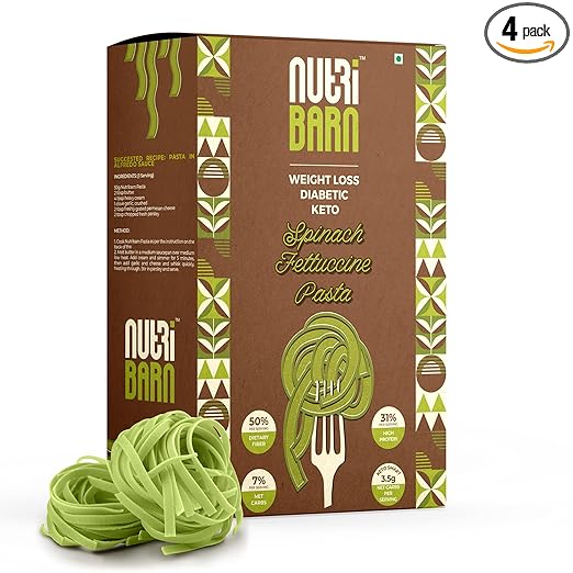 Nutribarn Keto Spinach Fettucine Pasta (Flat noodles), 200 Gms x Pack of 2, 3.5g Net Carb & 16g High Protein/Serv, Identical to Regular Pasta, Ultra Low Carb, Pre-Biotic High Fibre, Keto Diet, Weight Loss