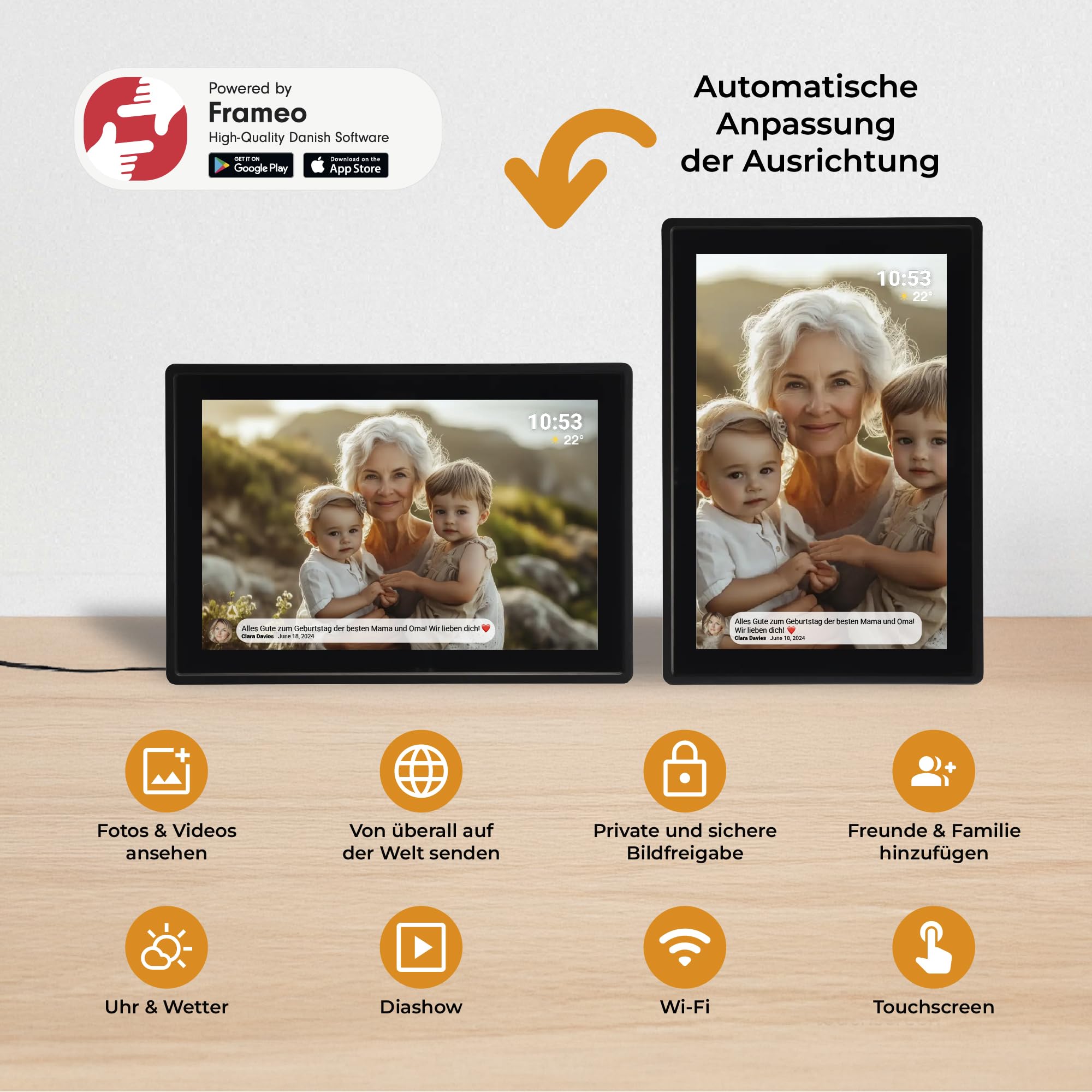 Denver PFF1021 Digitaler Bilderrahmen WiFi 10.1 Zoll, Elektronischer Bilderrahmen 16GB mit FRAMEO App, IPS Touchscreen, Auto-Rotate, Micro SD Slot, Schwarz | Bilder per Handy, SD-Karte