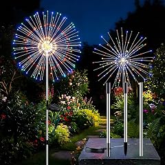 2 Pack Solar Firework Lights Outdoor Adjustable 32 to 51 Extra Tall 200 LED Stainless Steel 3-Section Pole