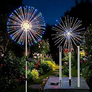 2 Pack Solar Firework Lights Outdoor Adjustable 32 to 51 Extra Tall 200 LED Stainless Steel 3-Section Pole