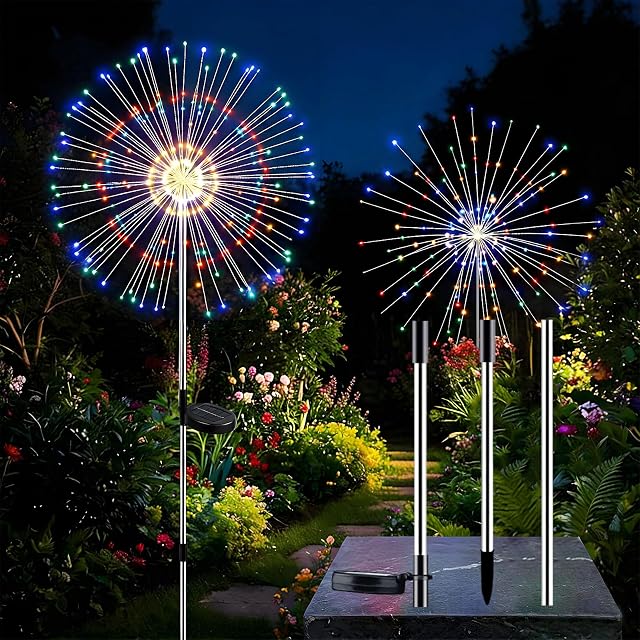 2 Pack Solar Firework Lights Outdoor Adjustable 32 to 51 Extra Tall 200 LED Stainless Steel 3-Section Pole
