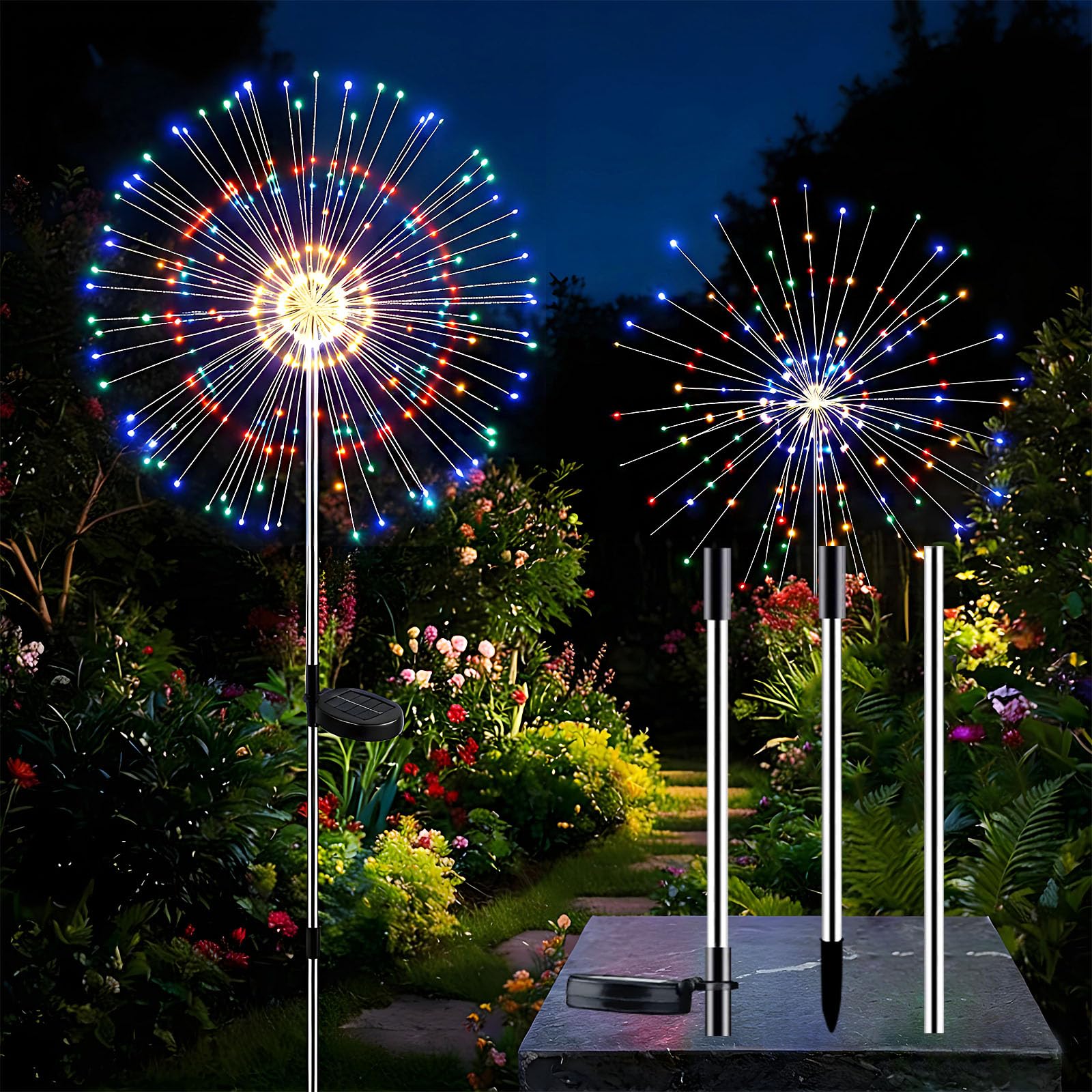 2 Pack Solar Firework Lights Outdoor Adjustable 32 to 51 Extra Tall 200 LED Stainless Steel 3-Section Pole