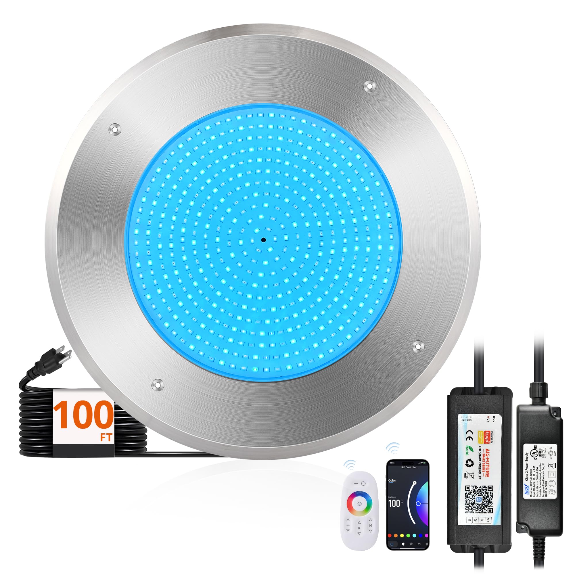 LEDIARY Ultra Slim LED Pool Lights for Inground Pool, 120V 54Watt Swimming Pool Lights with 100FT Cord, RGB Multicolor, IP68 Waterproof Pool Underwater Light for 10" Wet Niches (Transformer Included)