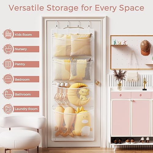 Miniatura 7 de Criusia Almacenamiento de animales de peluche, organizador sobre la puerta con 4 bolsillos de malla, organizadores de juguetes y almacenamiento para