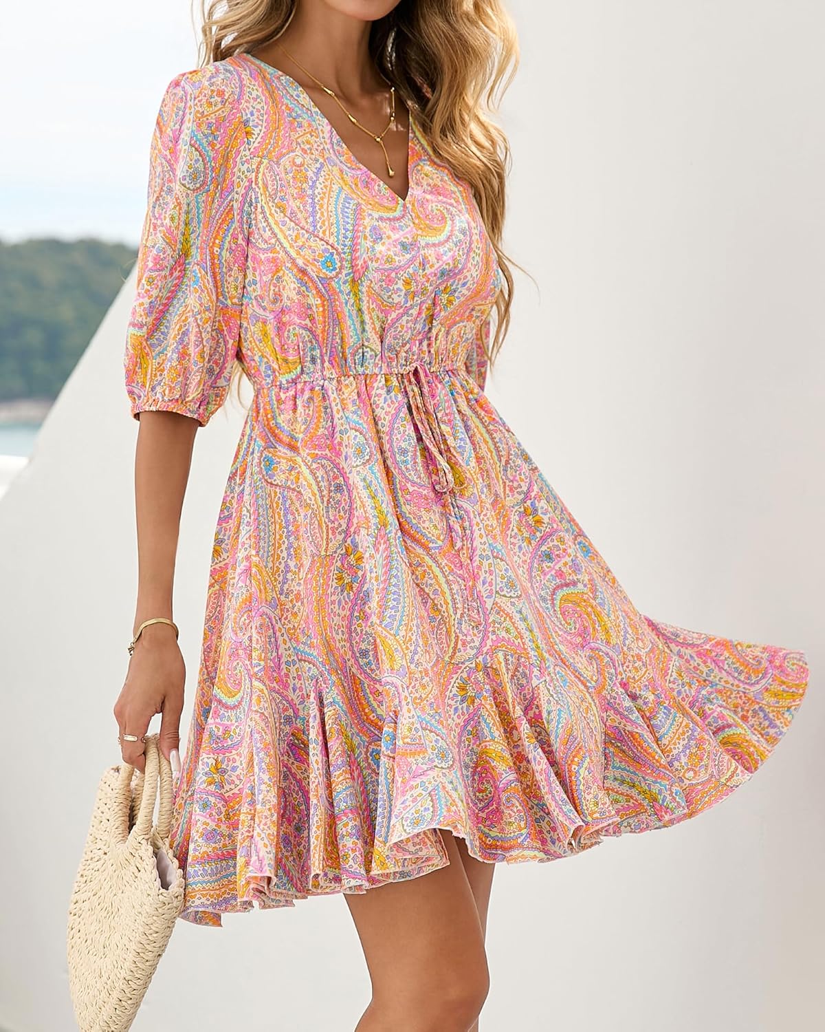 BTFBM Women Summer Spring Floral Boho Dress 2026 V Neck Short Sleeve Ruffle Beach Vacation Clothes Wedding Guest Dresses - Image 7