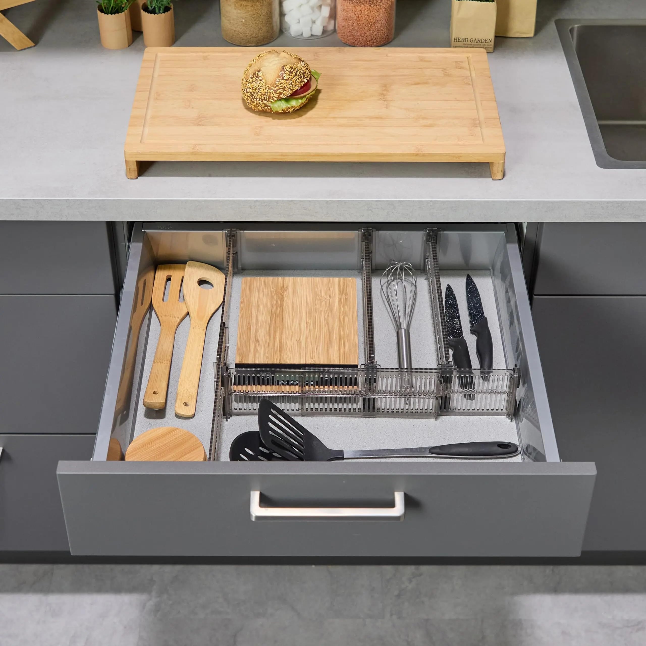 Separatori Per Cassetti Divisorio for cassetti, lunghezza regolabile da 28 a 53,5 cm, organizer cucina, trasparente