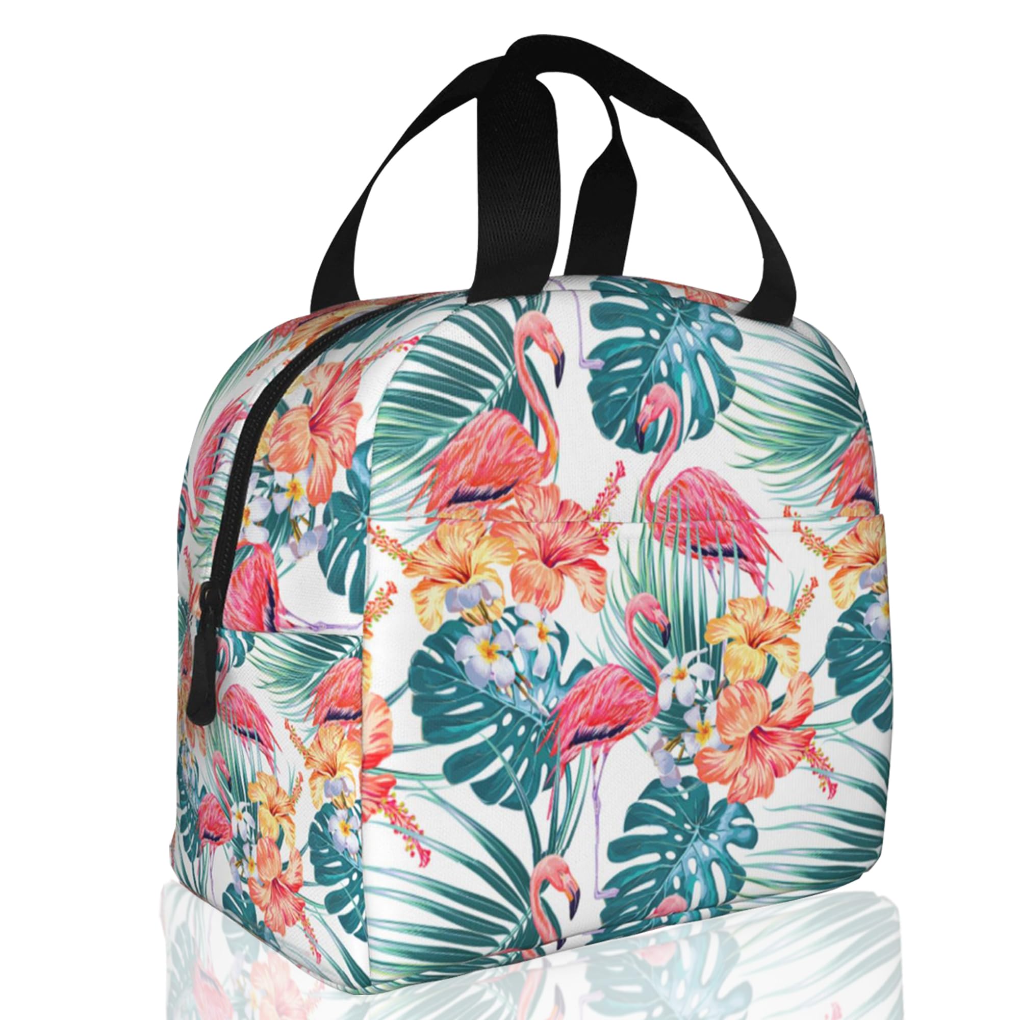Pink Flamingo Palm Leaves Hibiscus Flower, Tropical Flowers Insulated Lunch Bag Reusable Lunch Box Women Men,Cooler Thermal Meal Tote for Kids School