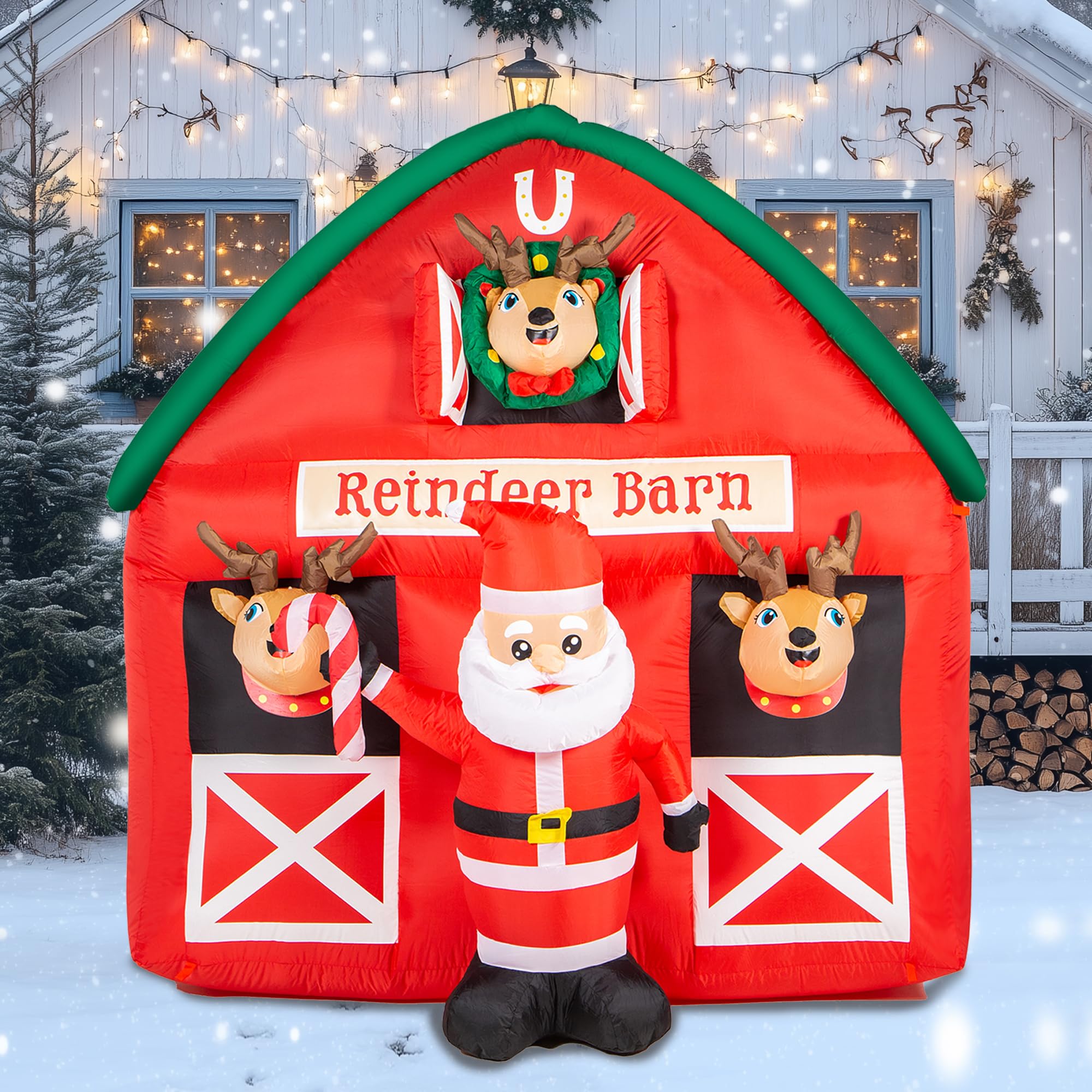 7Ft Giant Christmas Inflatables Reindeer Barn Outdoor Decoration, Santa's Christmas Reindeer Blow Up Yard Christmas Decorations Built-in LED Lights Xmas Decor for Lawn, Holiday Party