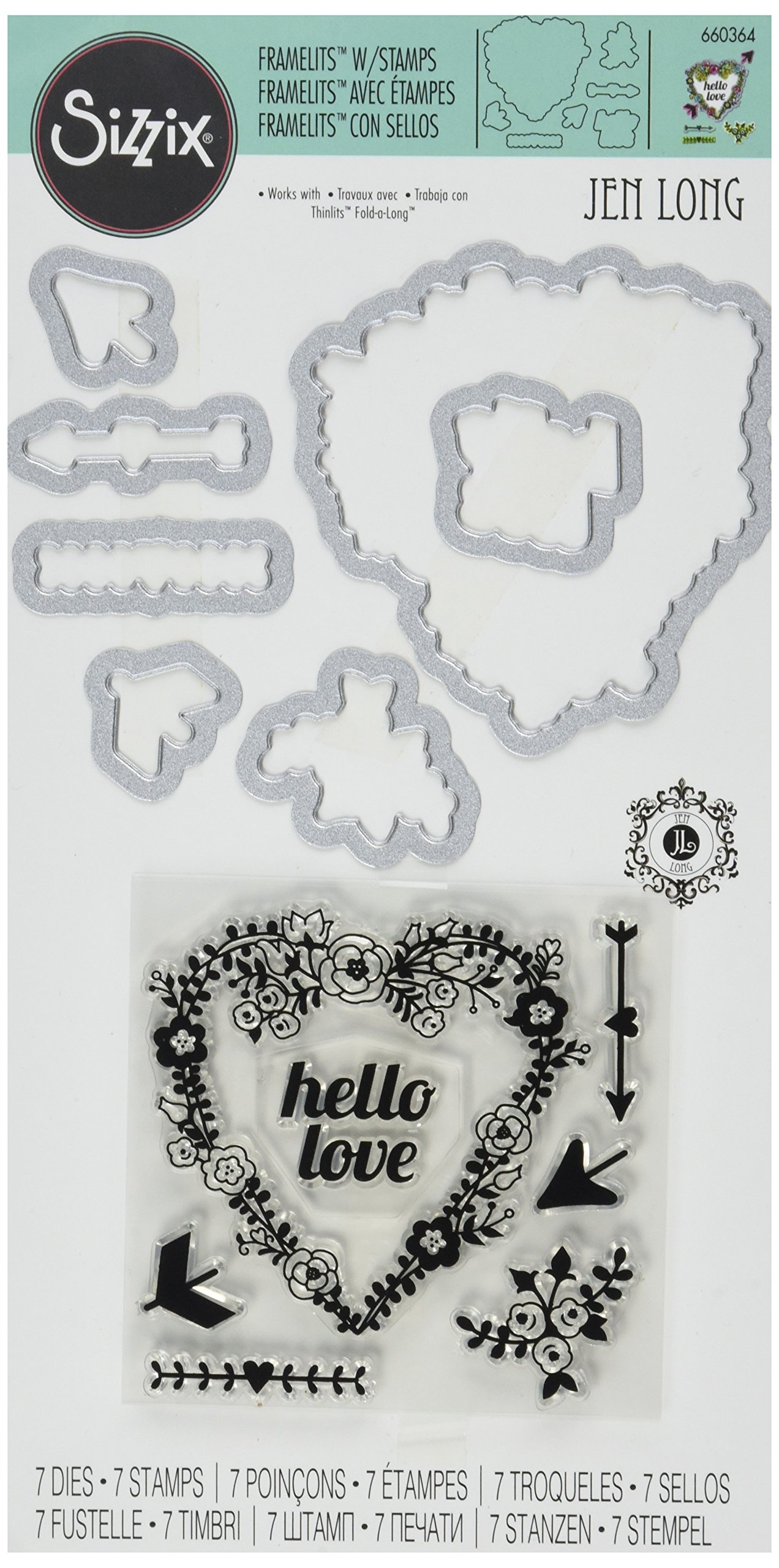Sizzix Framelits Die Set with Stamps Hello Love by Jen Long (7 Pack)