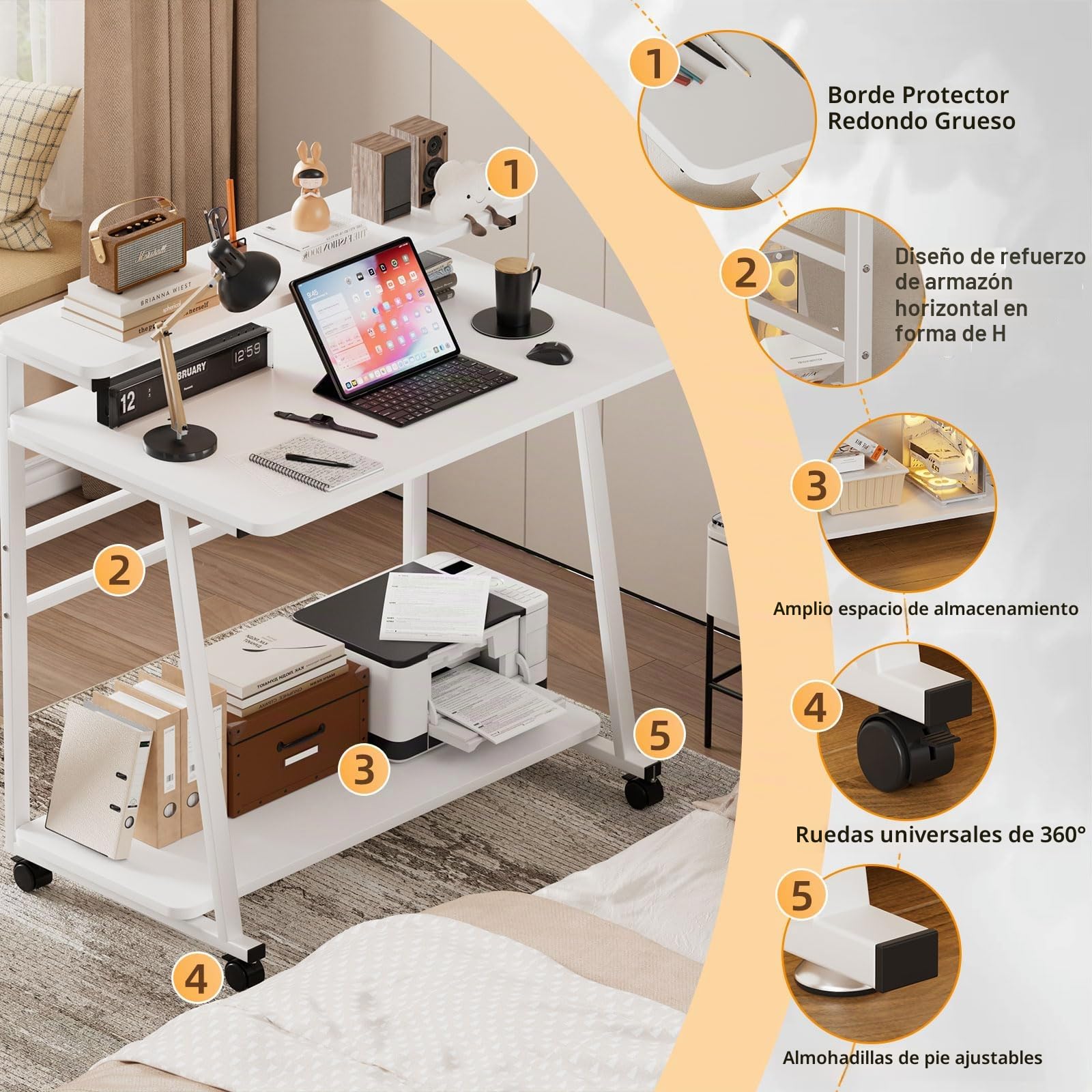 Mesa para Ordenador con 4 Ruedas Estación de Trabajo para Computadora con Estante Stable Escritorio en Forma de H Mesa para portátil Escritorio Pequeño para Oficina en Casa 80x50x90CM (Blanco)