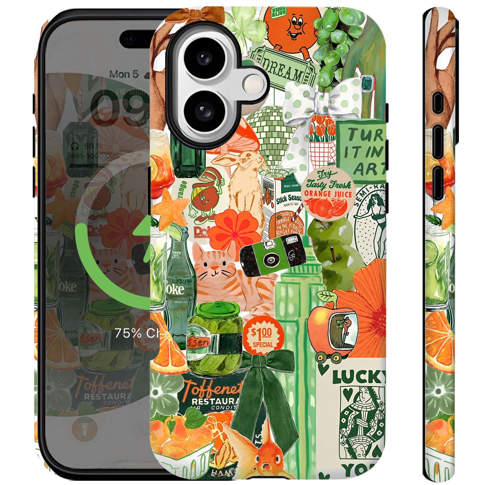 Compatible for iPhone 16 Case Compatible with Magsafe Green Collage Cute Bow Cat Aethetic Vintage Funny 2-in-1 Layer Rugge Shockproof Anti-scratch