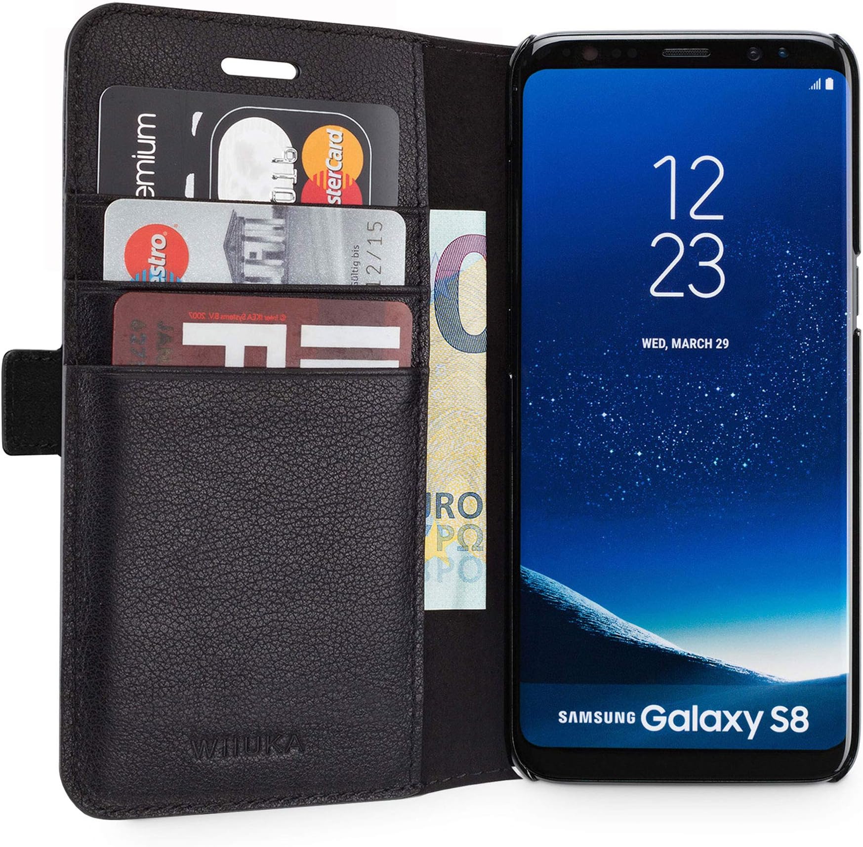 WIIUKA Genuine Leather Case TRAVEL AWAY for Samsung Galaxy S8 Wallet Design Black with Card Holder - Slim Premium Flip Cover