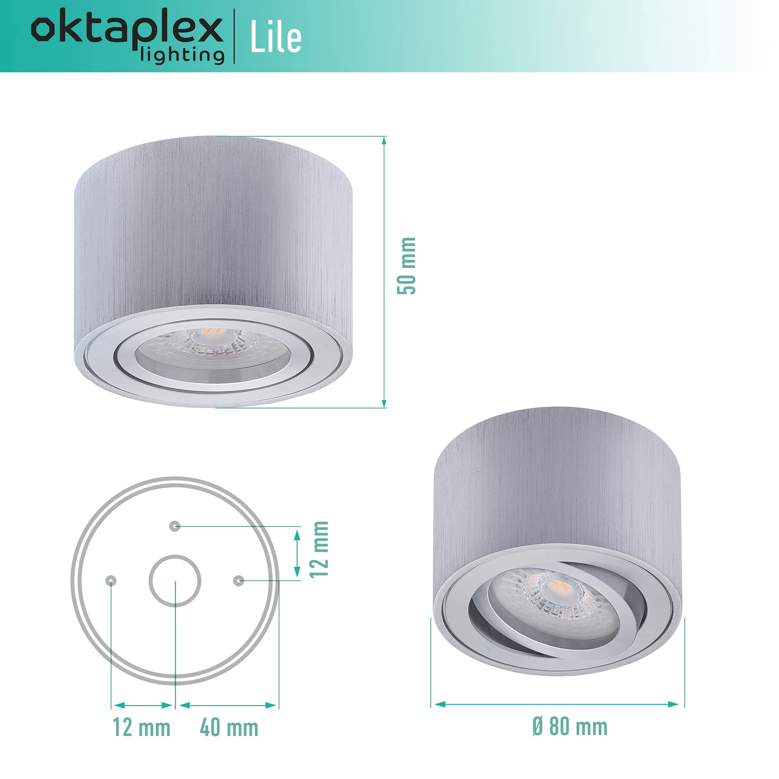 Oktaplex 6x Foco Superficie Orientable Lile Aluminio Cepillado Incluye Módulo LED Regulable 4,8W 230V 3000K Blanco Cálido 80x50mm - Foco Empotrable