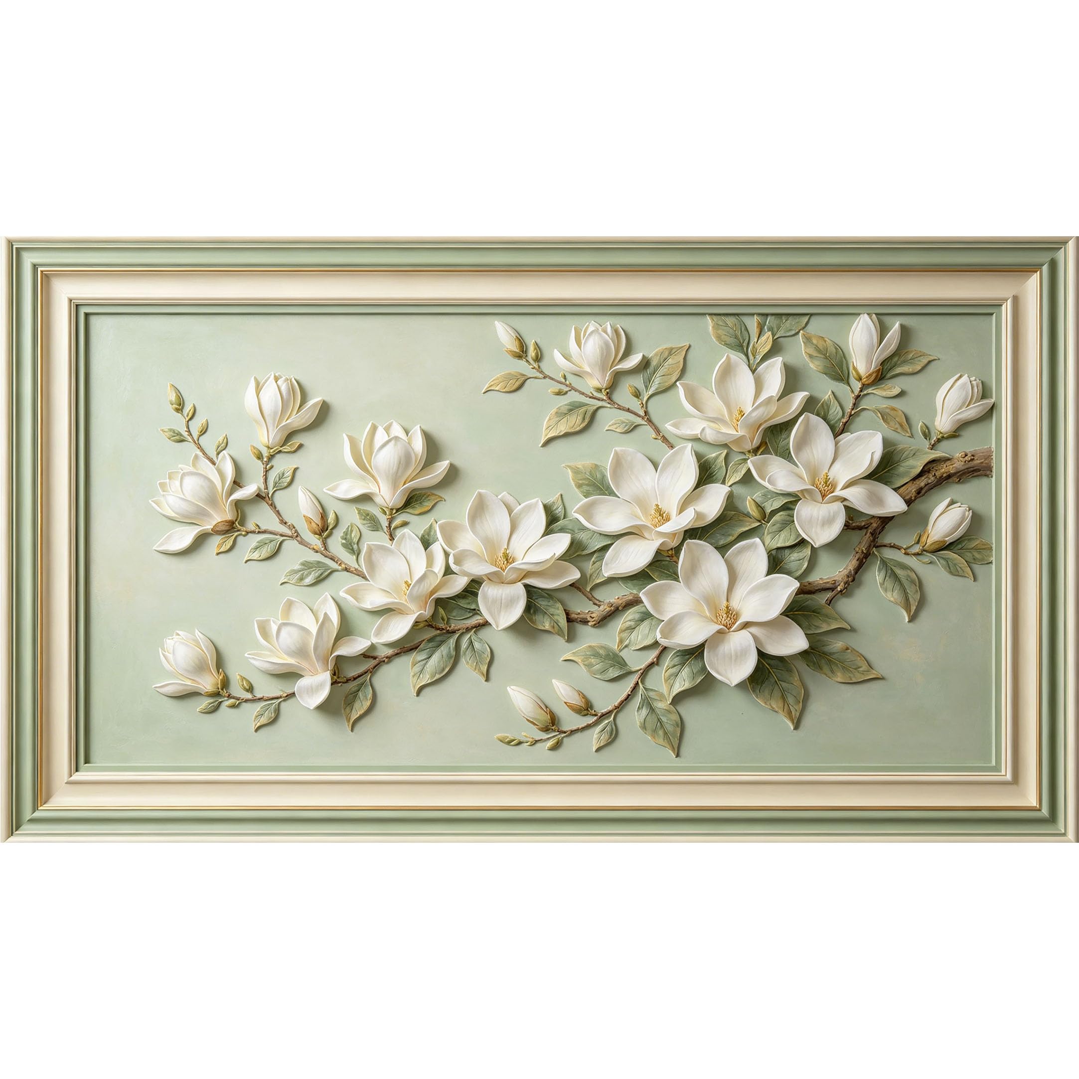 QZLITHOTIC 50x90cm3D Framed Wall Art， Magnolia Blossom Botanical Floral Branch Self‑Adhesive Mural， Water‑Activated Peel & Stick Fabric Decor Wall Decal for Bedroom Living Room