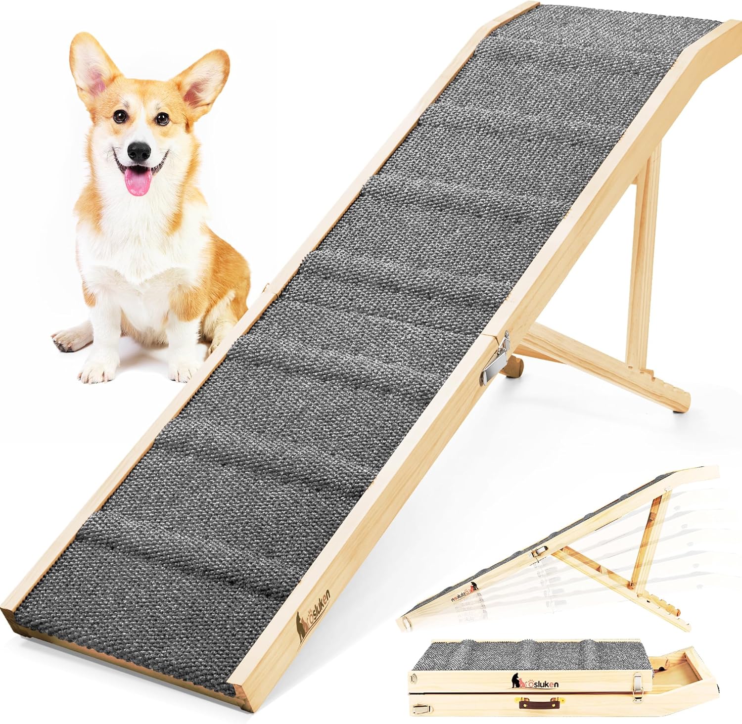 2026 Upgraded Dog Ramp for Bed, 64″ Long Foldable Pet Ramp for Small Large Dogs, Dog Ramps for High Beds Car, High Traction with Platform 6 Adjustable Heights 24″ to 30″ Up to 220LBS, Gray