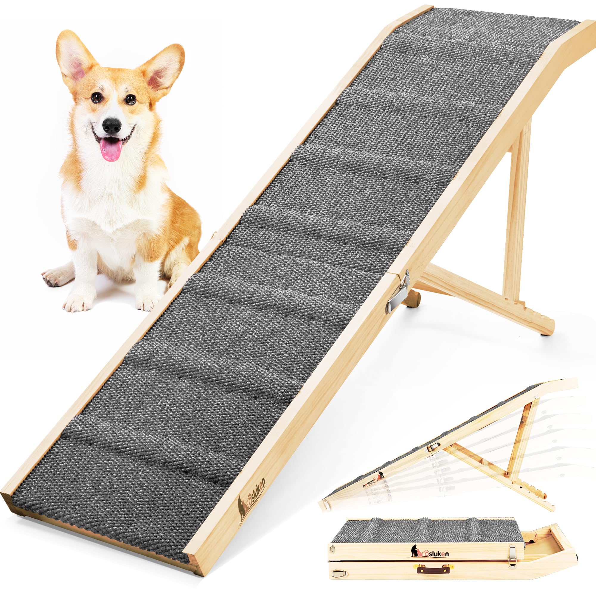 Photo 1 of 2026 Upgraded Dog Ramp for Bed, 64" Long Foldable Pet Ramp for Small Large Dogs, Dog Ramps for High Beds, High Traction with Platform 6 Adjustable Heights 24" to 30" Up to 220LBS, Gray