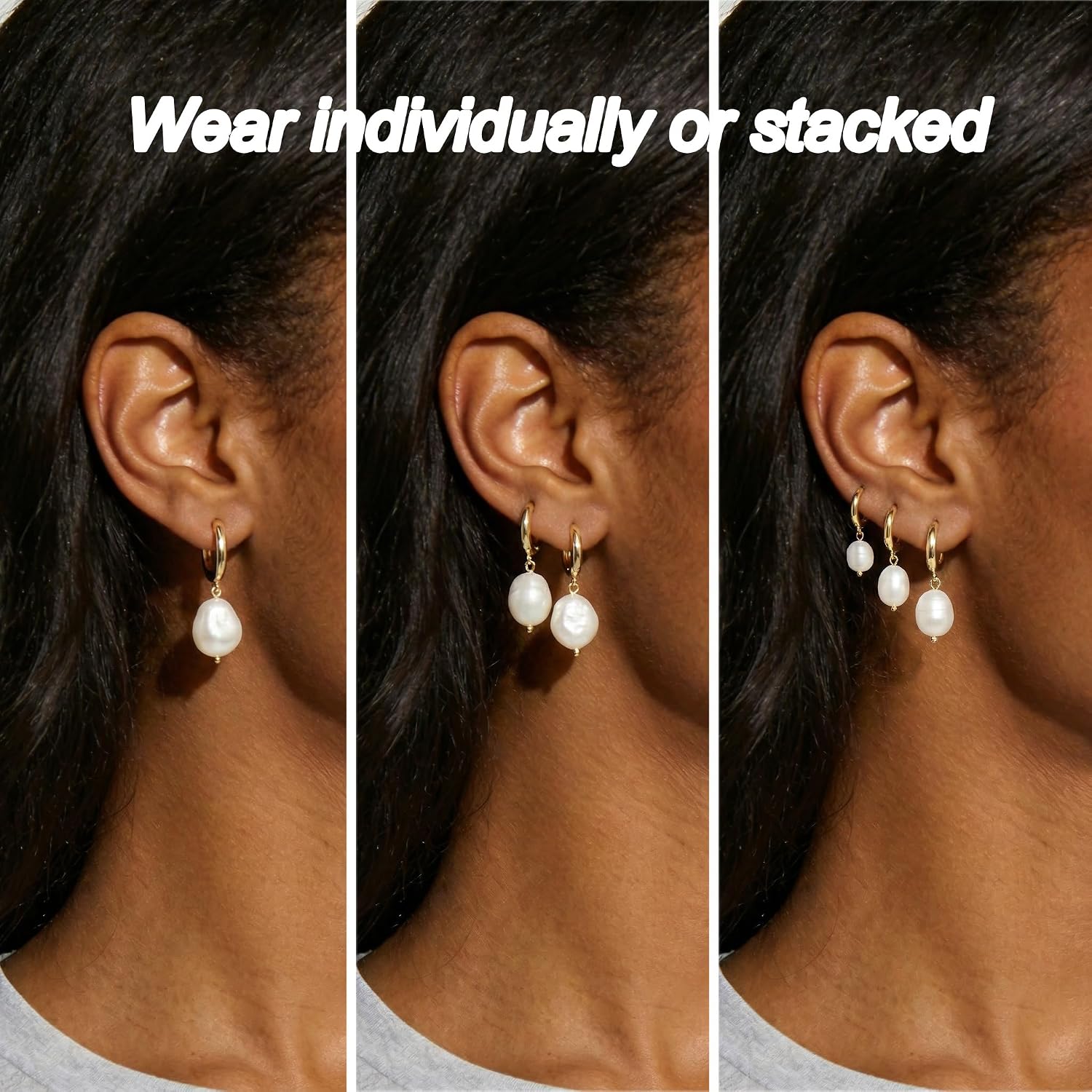 3 Pairs Huggie Hoop Pearl Earrings for Women, 14K Gold Plated Drop Dangle Earring Stackable Dainty Trendy Jewelry Set