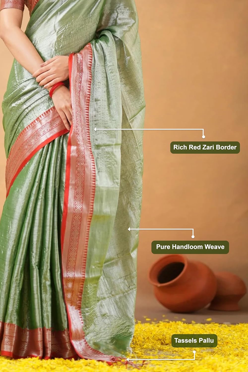 TRENDMALLS Women's Pure Tissue Cotton Handloom South Indian Style Saree with Unstitched Blouse Piece