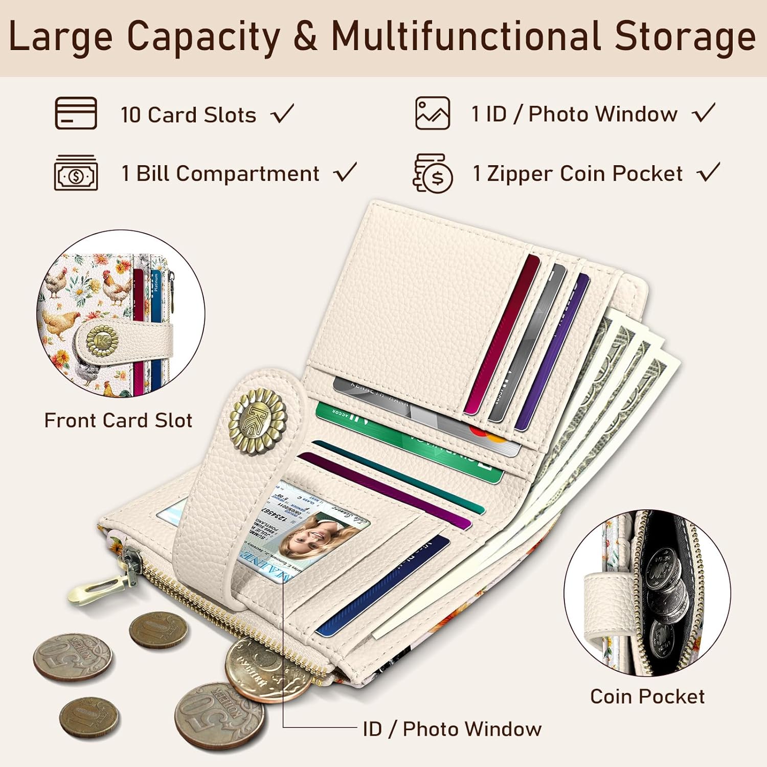 Roosters Chicken Small Rfid Women Wallet Bifold Zipper Coin Pocket PU Leather Compact Cash Credit Card Holder Travel Wallet for Female Ladies Teen Girls 1 ID Window 10 Card Slots - Image 4