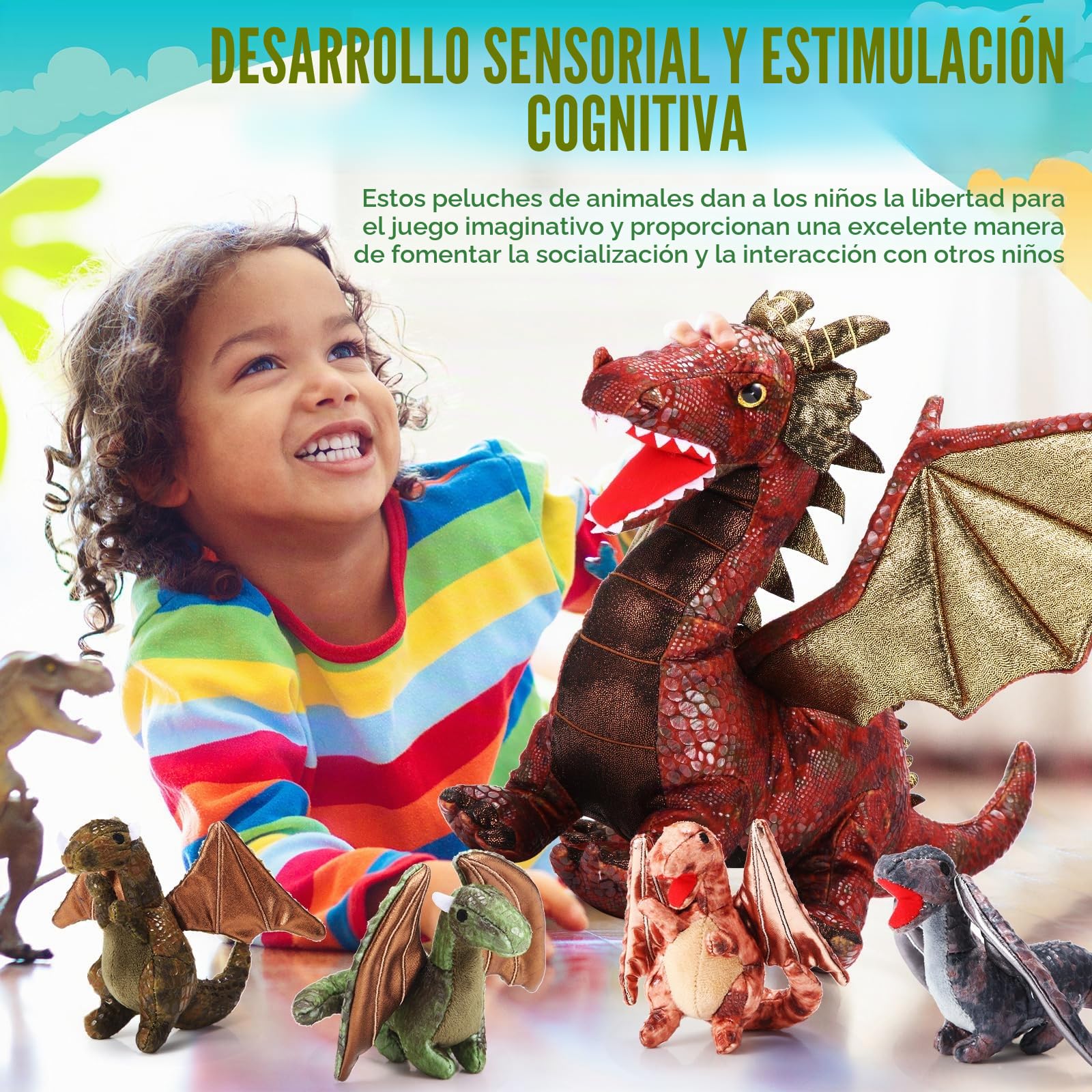 Set de 7 Juguetes de Dragón, Dragón de Peluche Grande de 40 cm con 4 Simpáticos Bebés de Peluche y 2 Huevos para Regalos de Cumpleaños de Adolescentes (Estilo Retro)