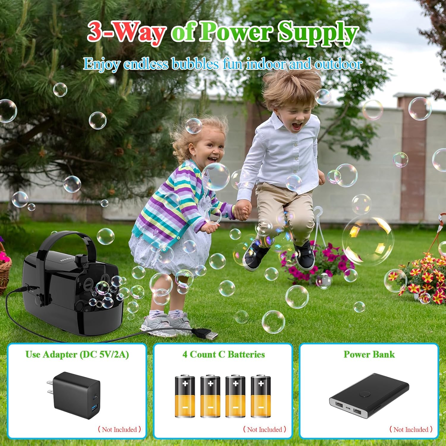 Wisdomlit Bubble Machine, 3-in-1 Bubble Maker, Bubble Blower with 3 Bubble Wheels, Make Small | Medium | Big Bubbles for Kids Toddlers, Bubble Toys for Indoor Outdoor Birthday Party (Black)