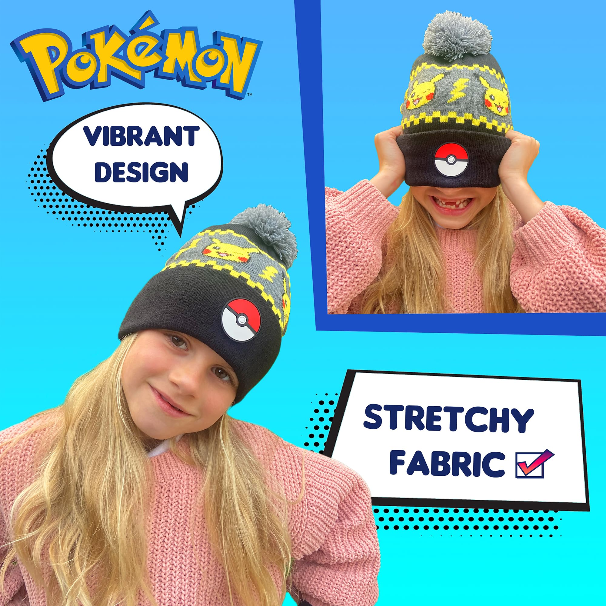 Pokemon - Winter Warm & Comfy Beanie Hat & Gloves Set for Boys - Pikachu Design - Perfect for Boys 6-12 Years
