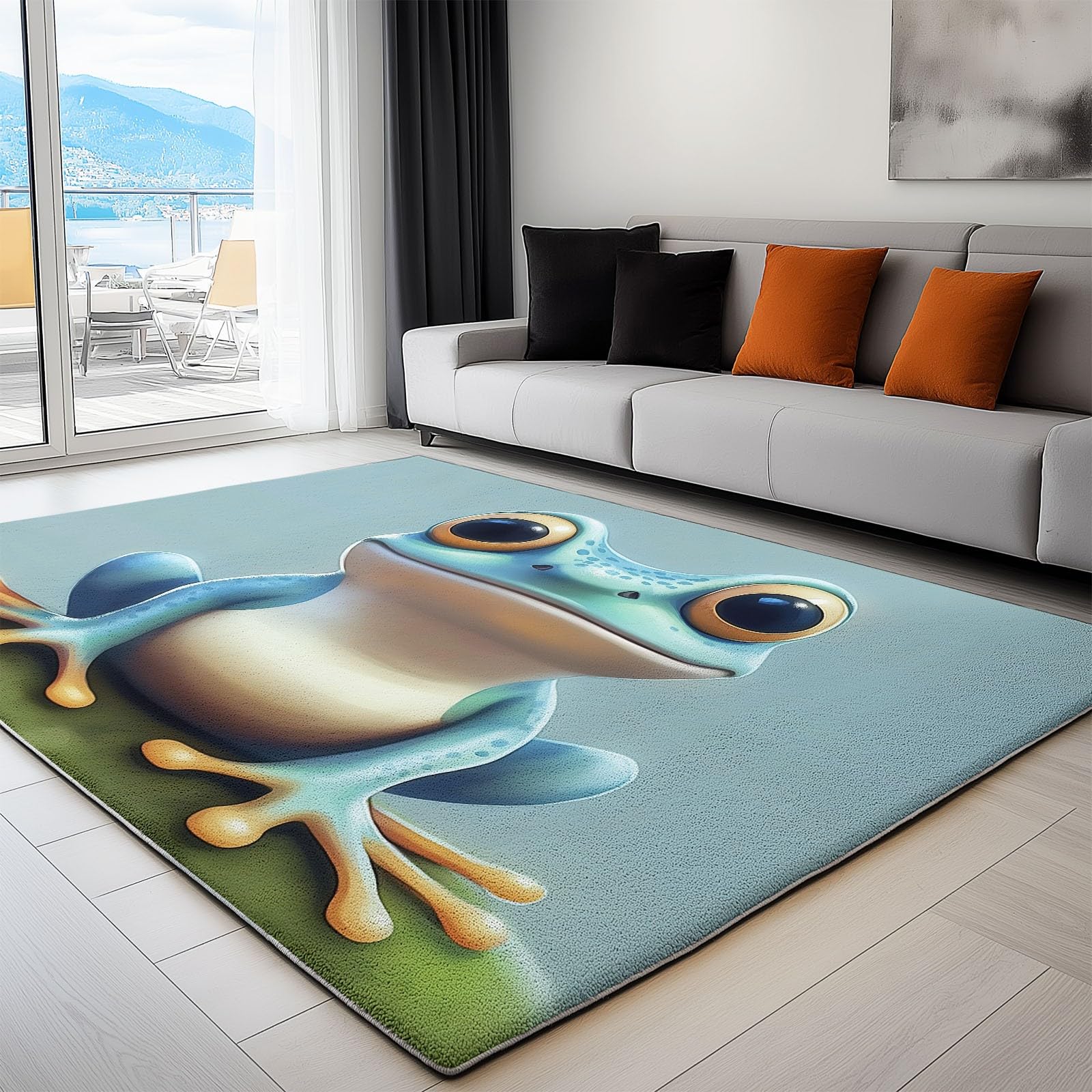 Tapis poil court grenouilles de dessins animés bleu pour salon 120 x 180 cm