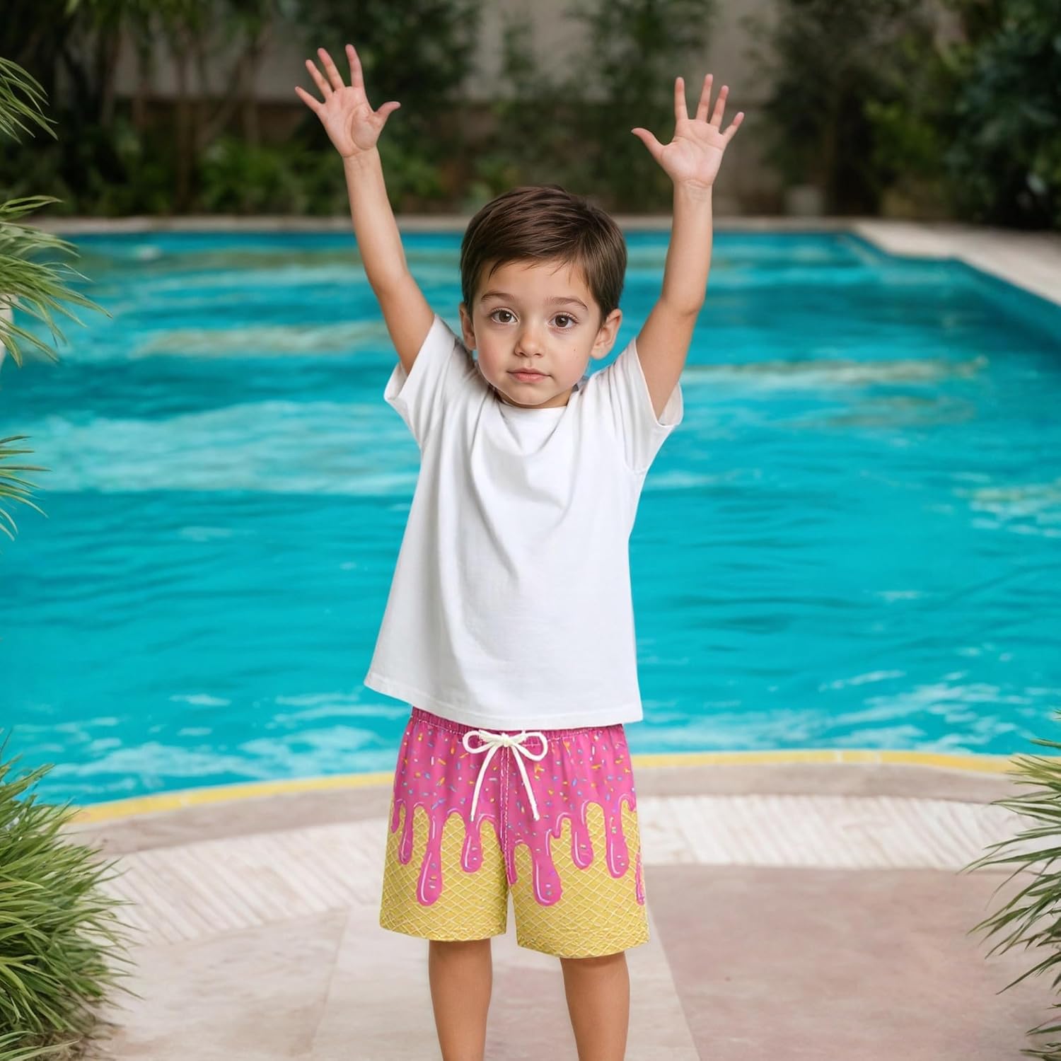 Boys Swim Trunks Swim Shorts Little Boys Bathing Suit Big Boy Swimsuit Swimwear, Hawaiian Pineapple Cartoon Ice Cream Print