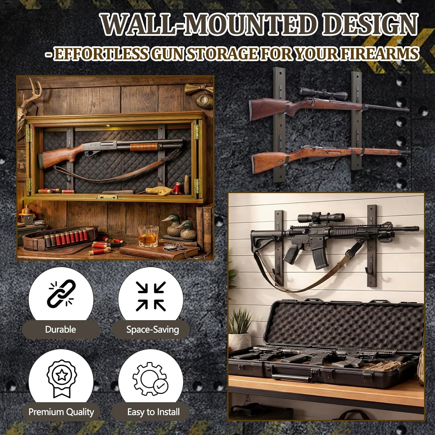 Frienda Gun Rack for Wall Rifles Wall Mount Holder Display Wooden and Metal Holder Hangers with Metal Hooks for Indoor Home Office Storage Securely Display, Holds 2 Rifles